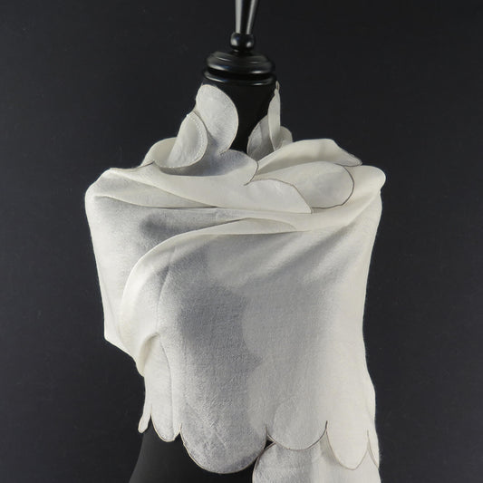 Ultra light Mongolian cashmere wrap | Scalloped taupe edge with tiny beads | Warm white
