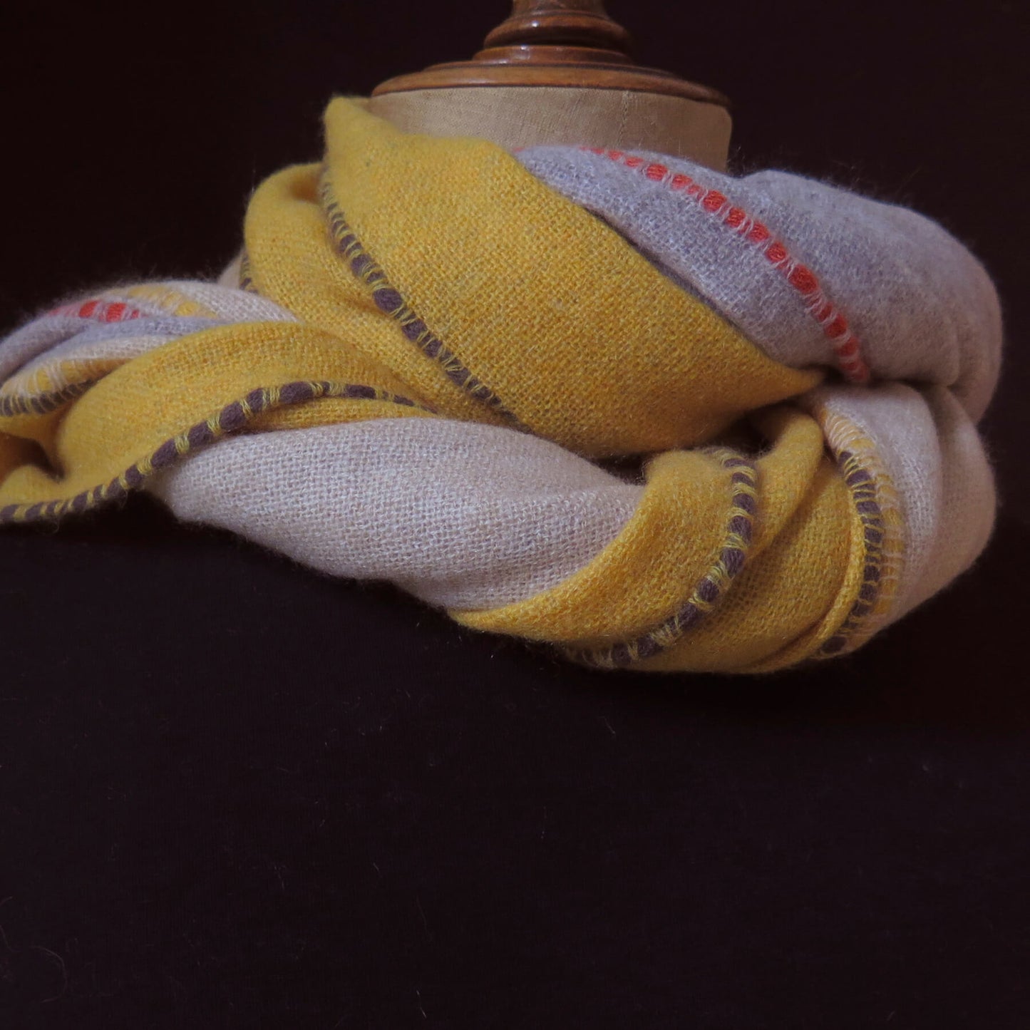 Mongolian cashmere wrap | Grey, cream and yellow stripes