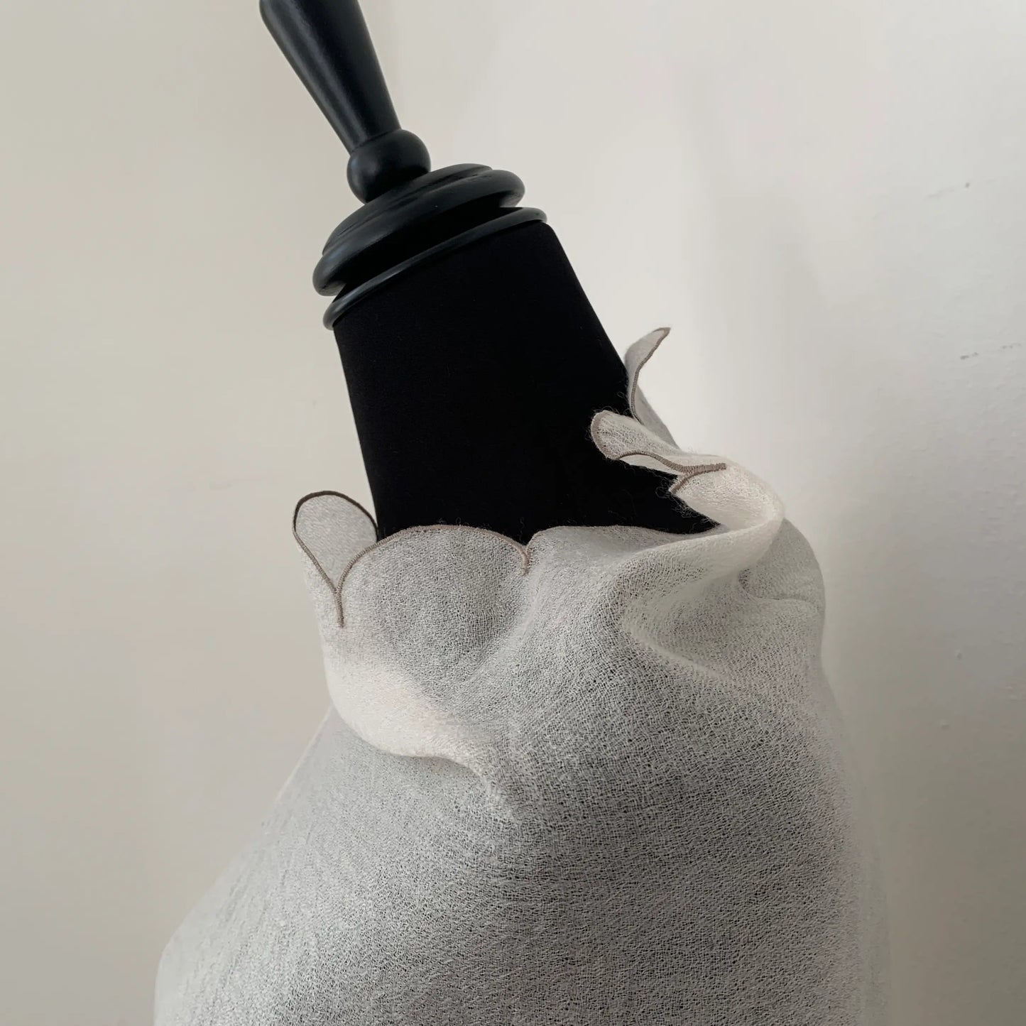 Ultra light Mongolian cashmere wrap | Scalloped taupe edge with tiny beads | Warm white