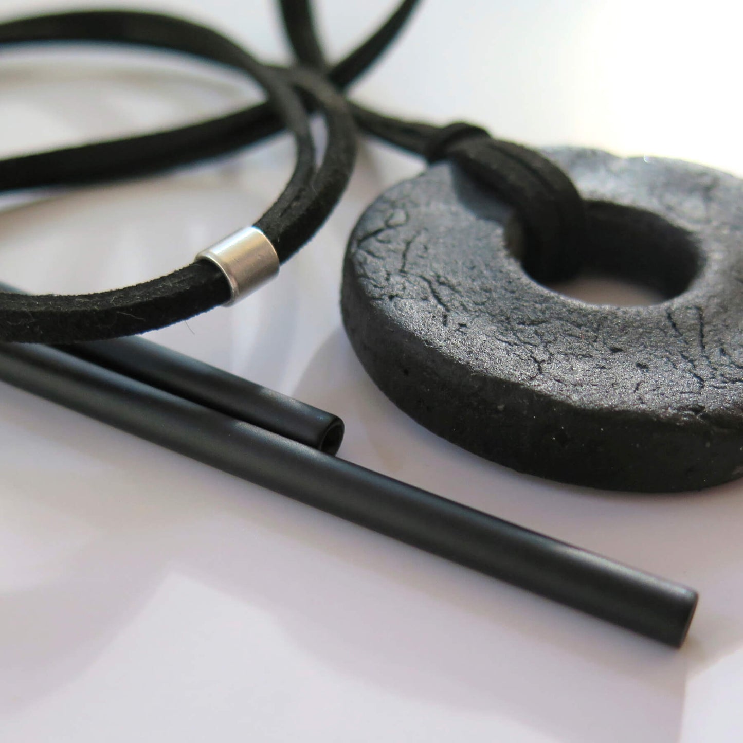 Oslo rock handmade black pendant | Adjustable length vegan suede cord necklace