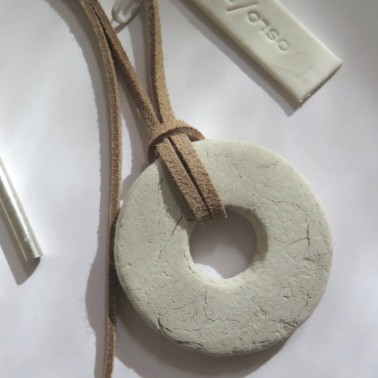 Oslo rock handmade white pendant | Adjustable length vegan suede cord necklace