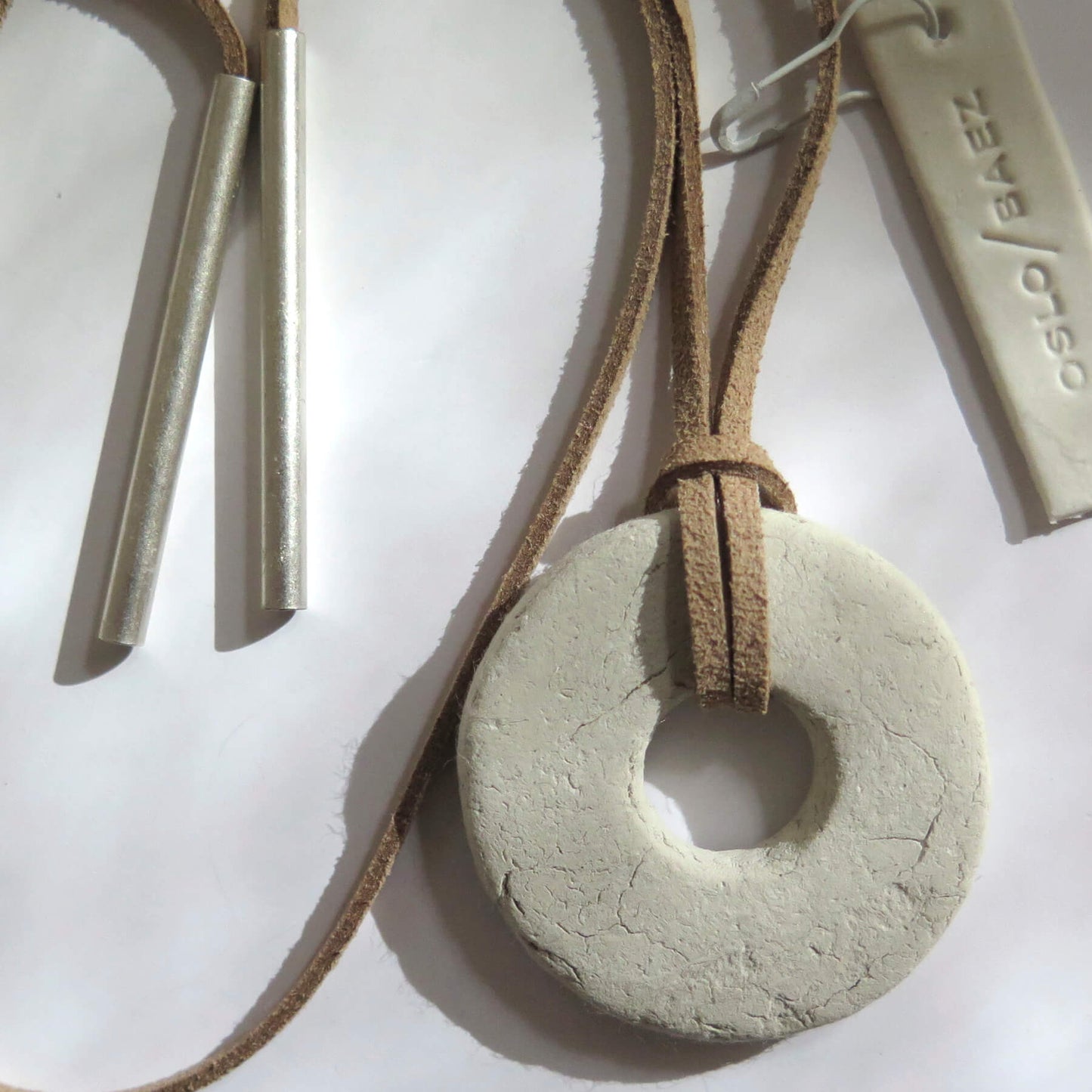 Oslo rock handmade white pendant | Adjustable length vegan suede cord necklace