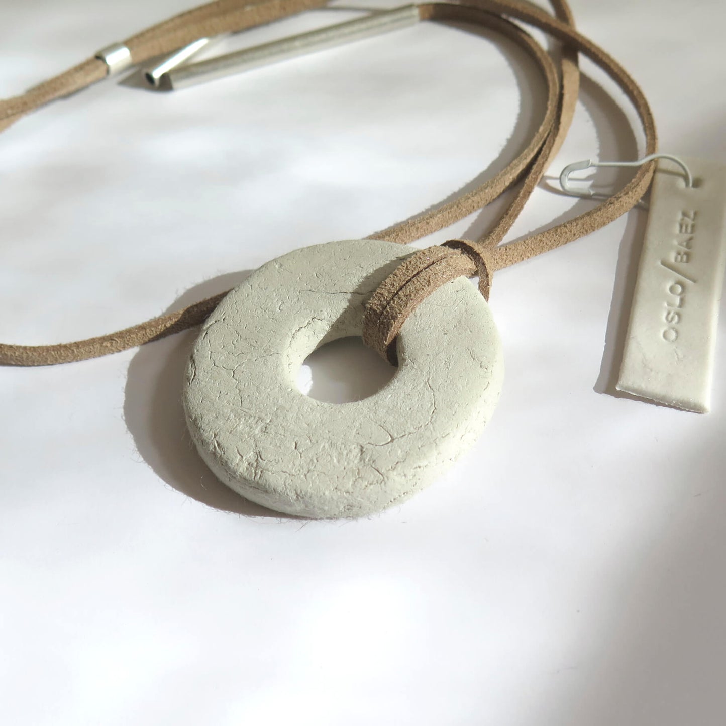 Oslo rock handmade white pendant | Adjustable length vegan suede cord necklace