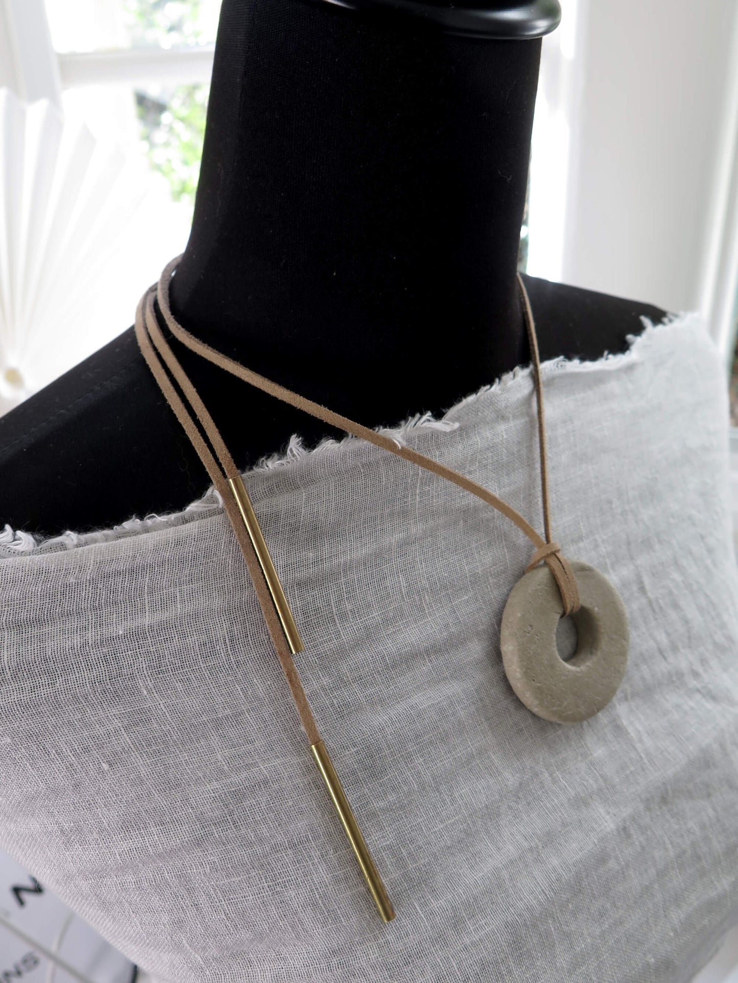 Concrete ring pendant | Adjustable length necklace | Vegan suede | Antique bronze | #1
