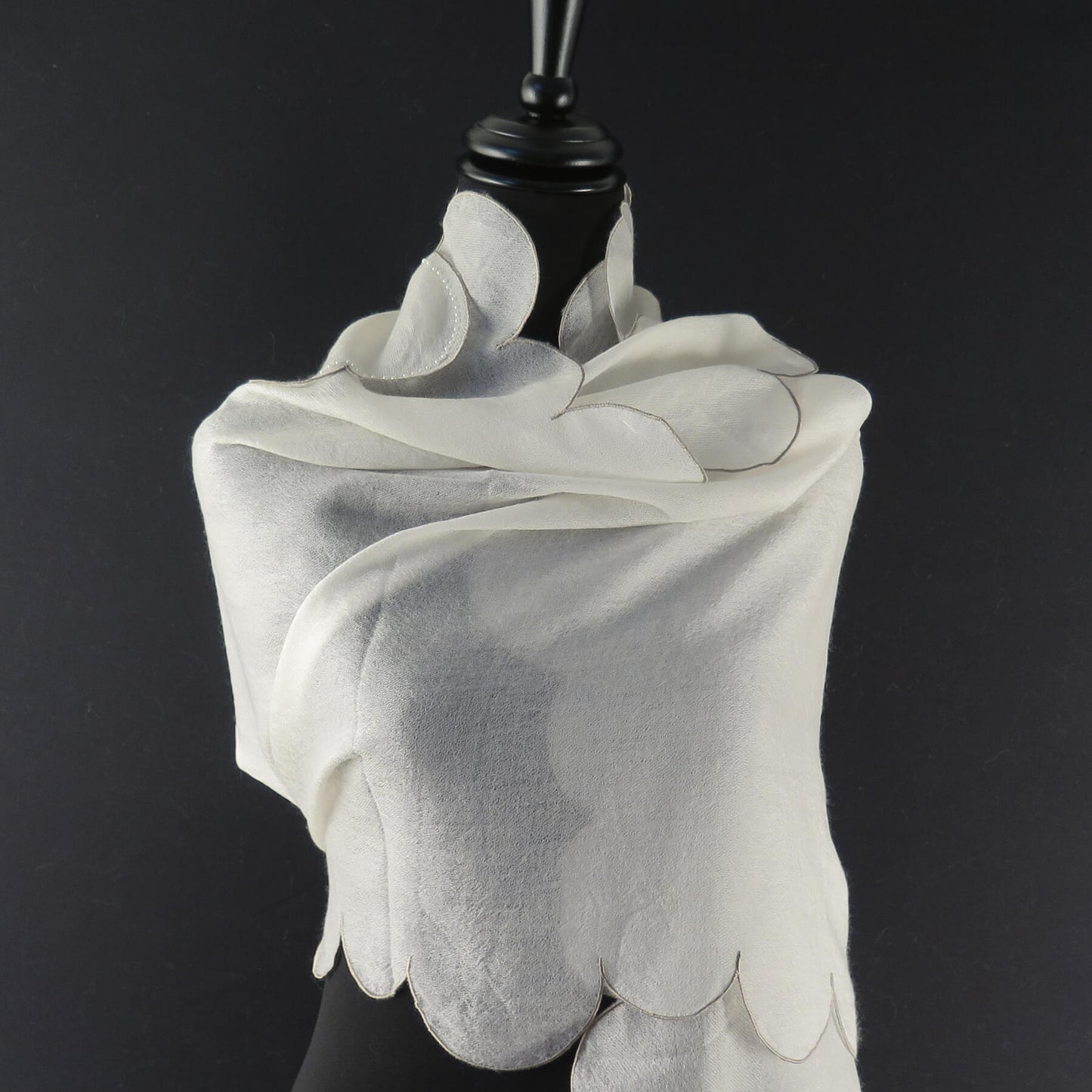 Ultra light Mongolian cashmere wrap | Scalloped taupe edge with tiny beads | Warm white