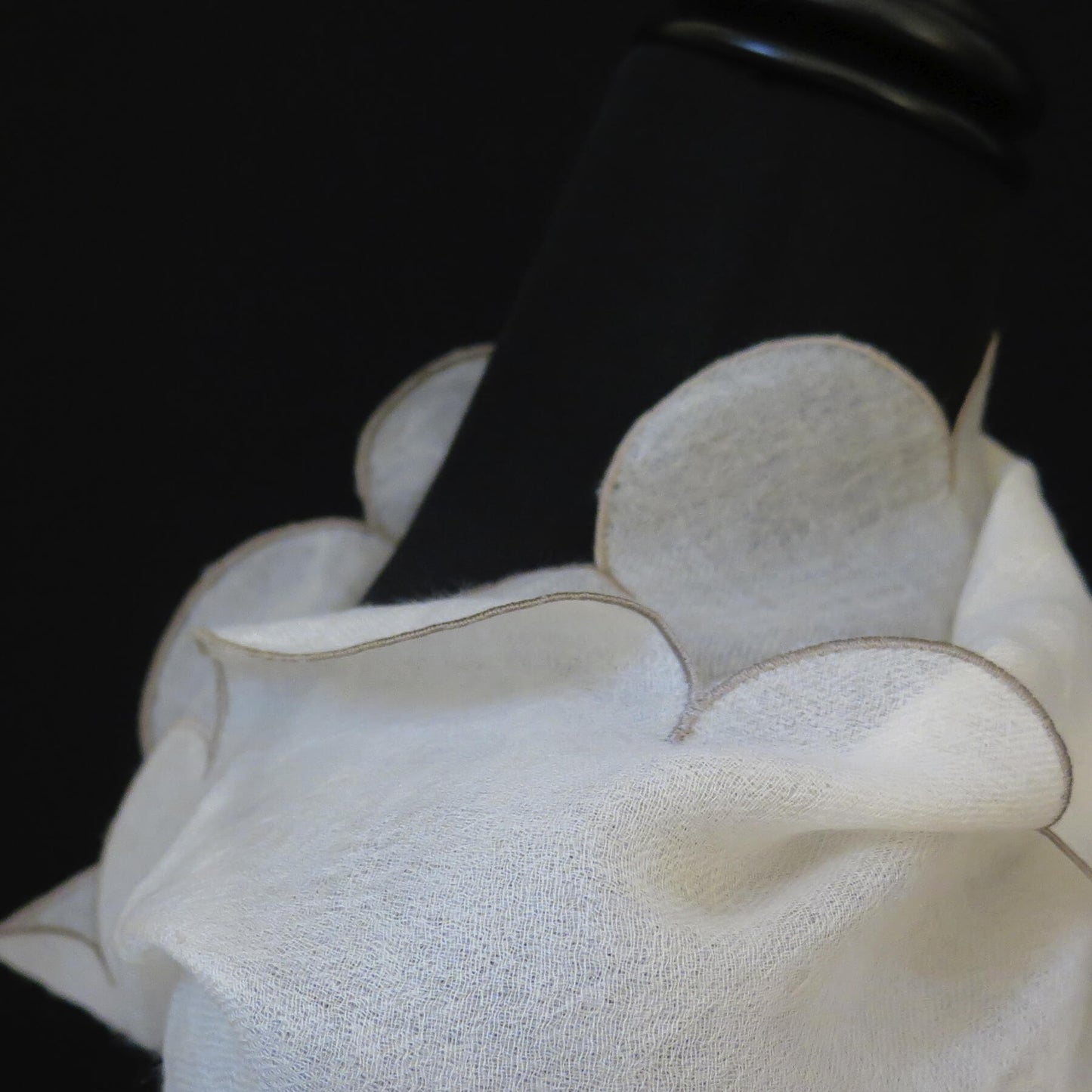 Ultra light Mongolian cashmere wrap | Scalloped taupe edge with tiny beads | Warm white