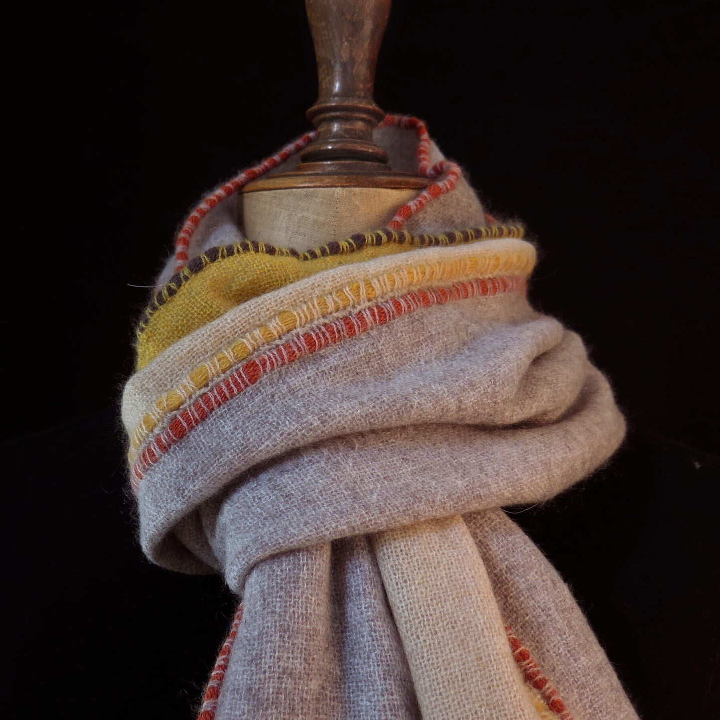 Mongolian cashmere wrap | Grey, cream and yellow stripes