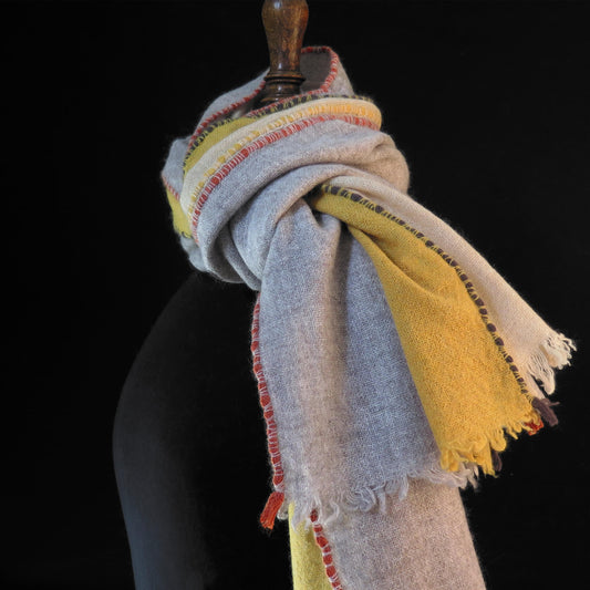 Mongolian cashmere wrap | Grey, cream and yellow stripes