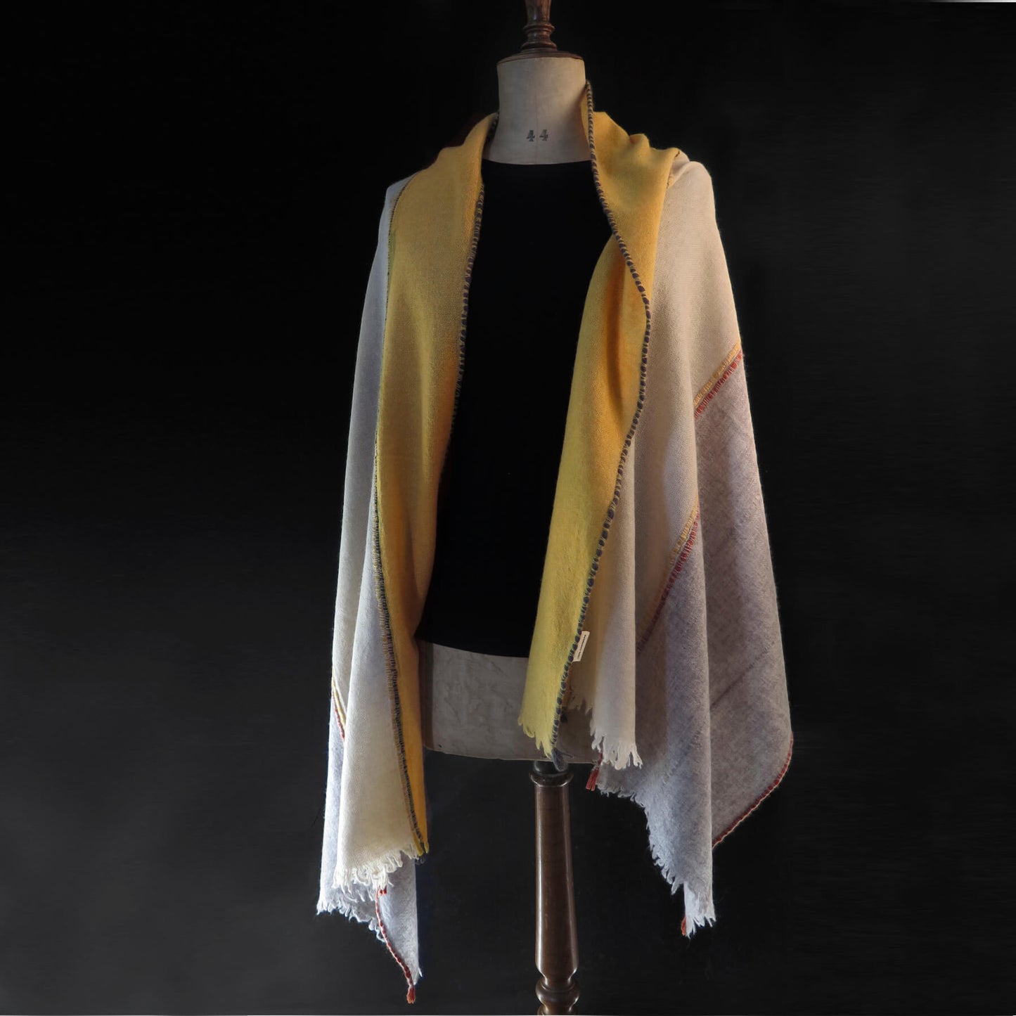 Mongolian cashmere wrap | Grey, cream and yellow stripes
