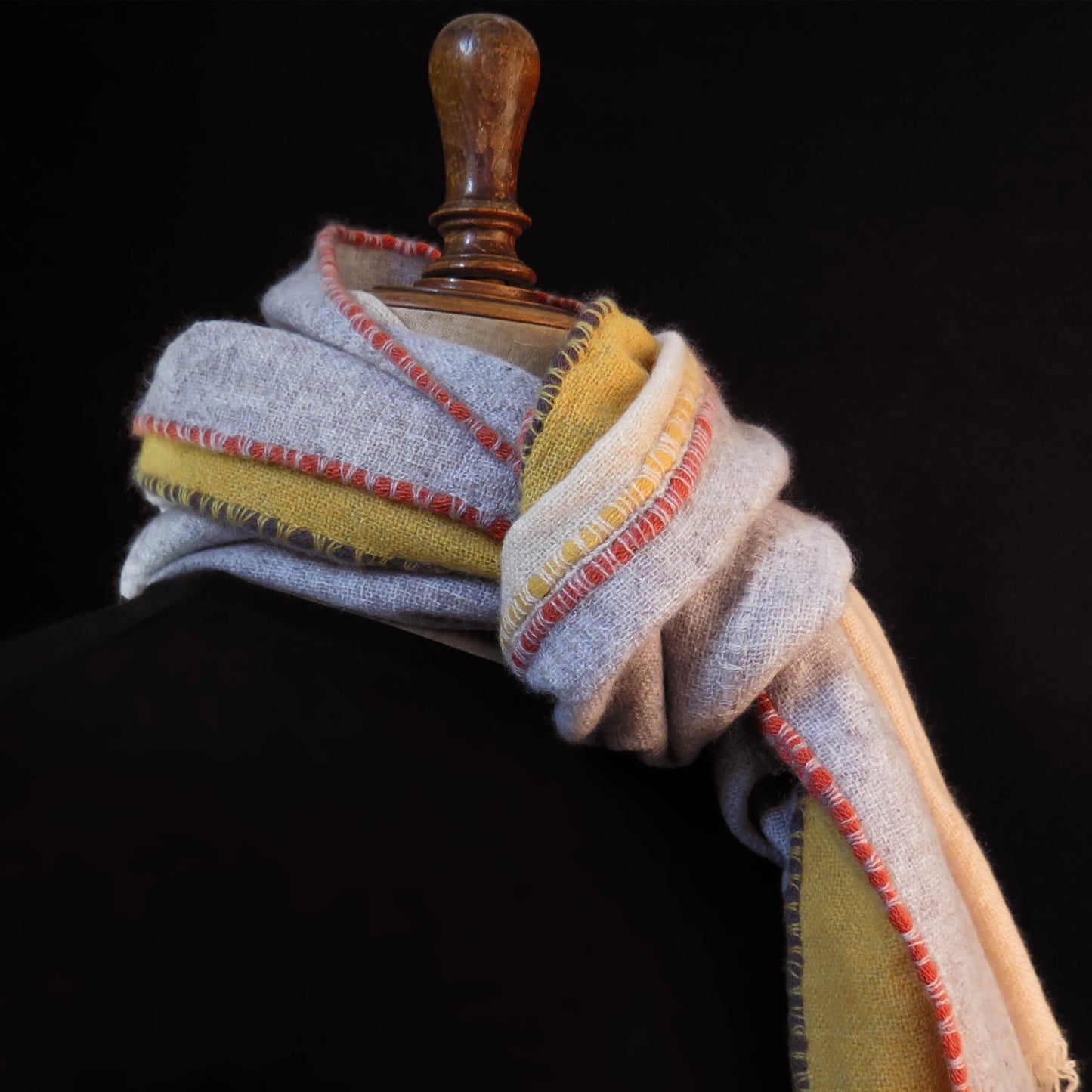 Mongolian cashmere wrap | Grey, cream and yellow stripes