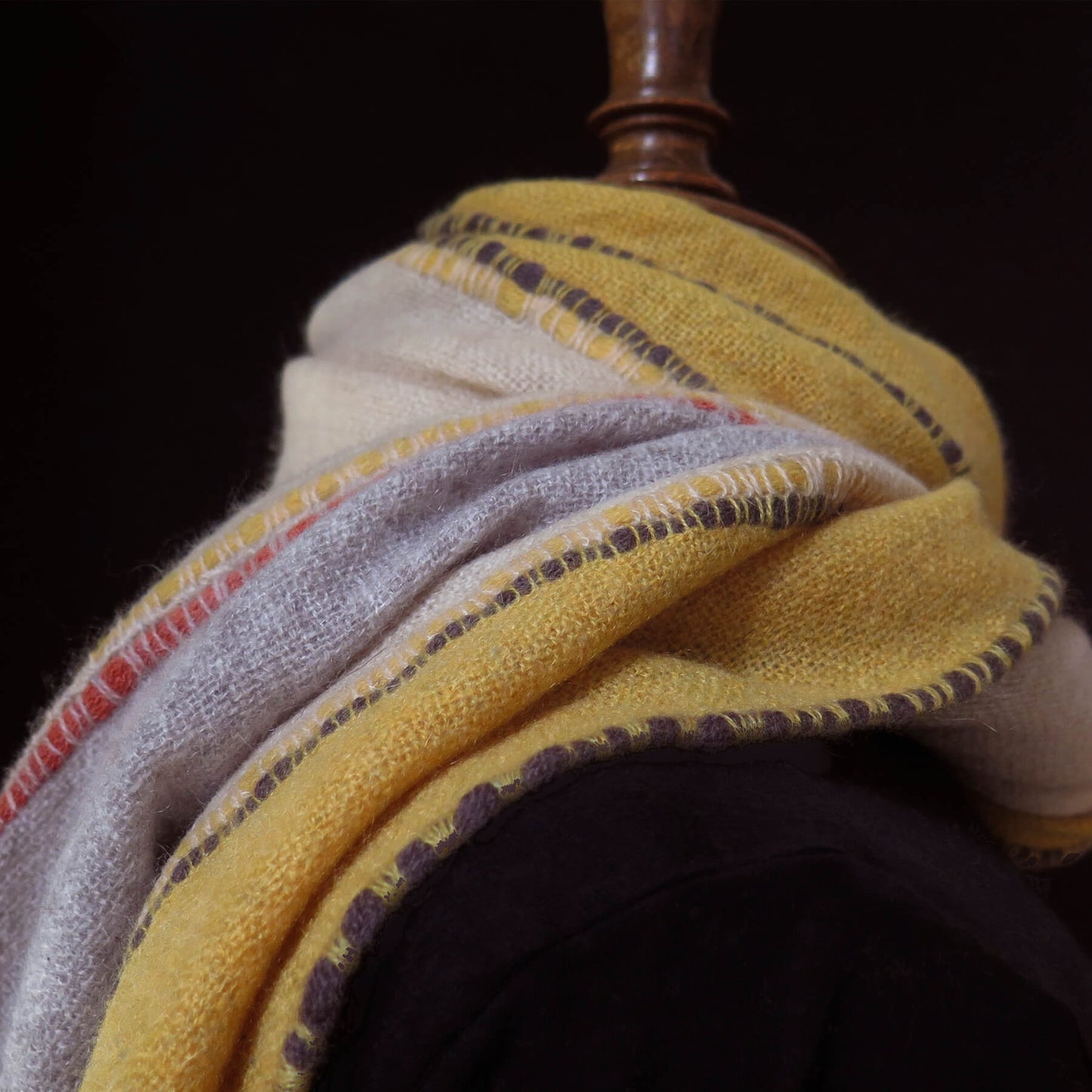 Mongolian cashmere wrap | Grey, cream and yellow stripes