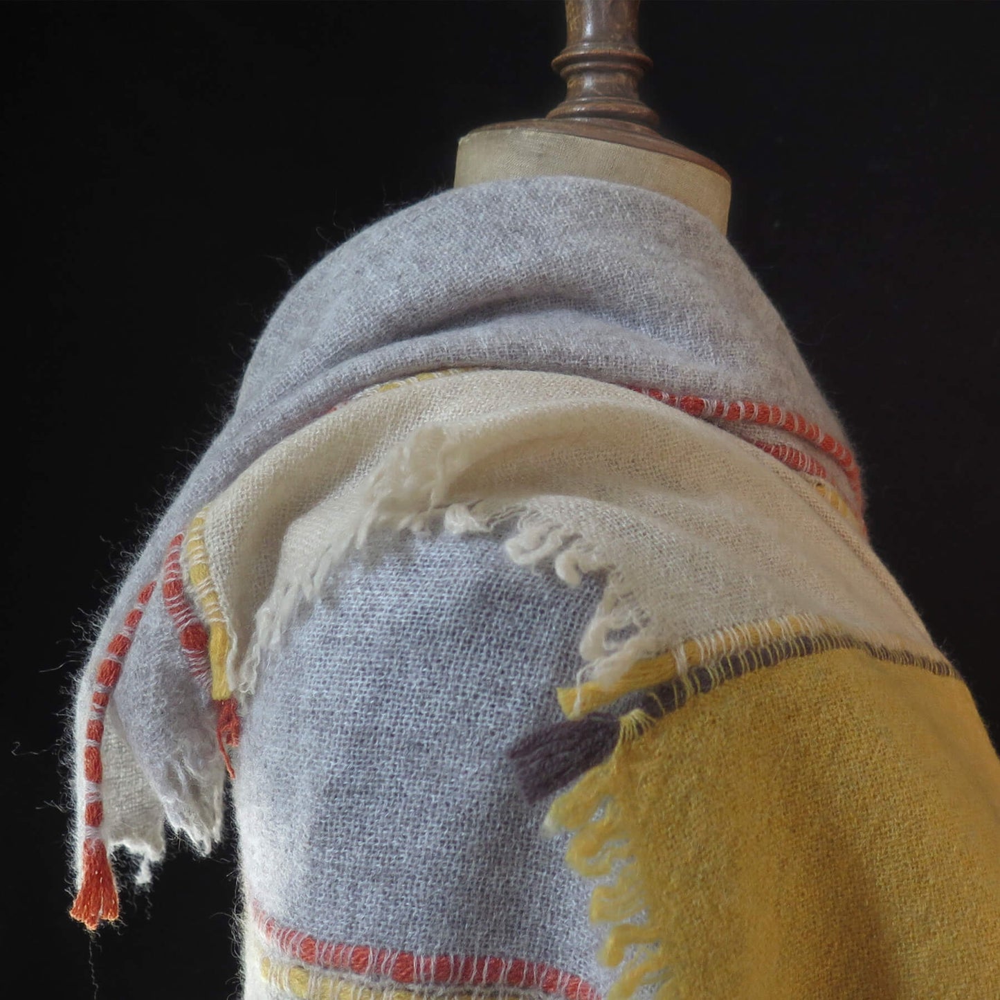 Mongolian cashmere wrap | Grey, cream and yellow stripes