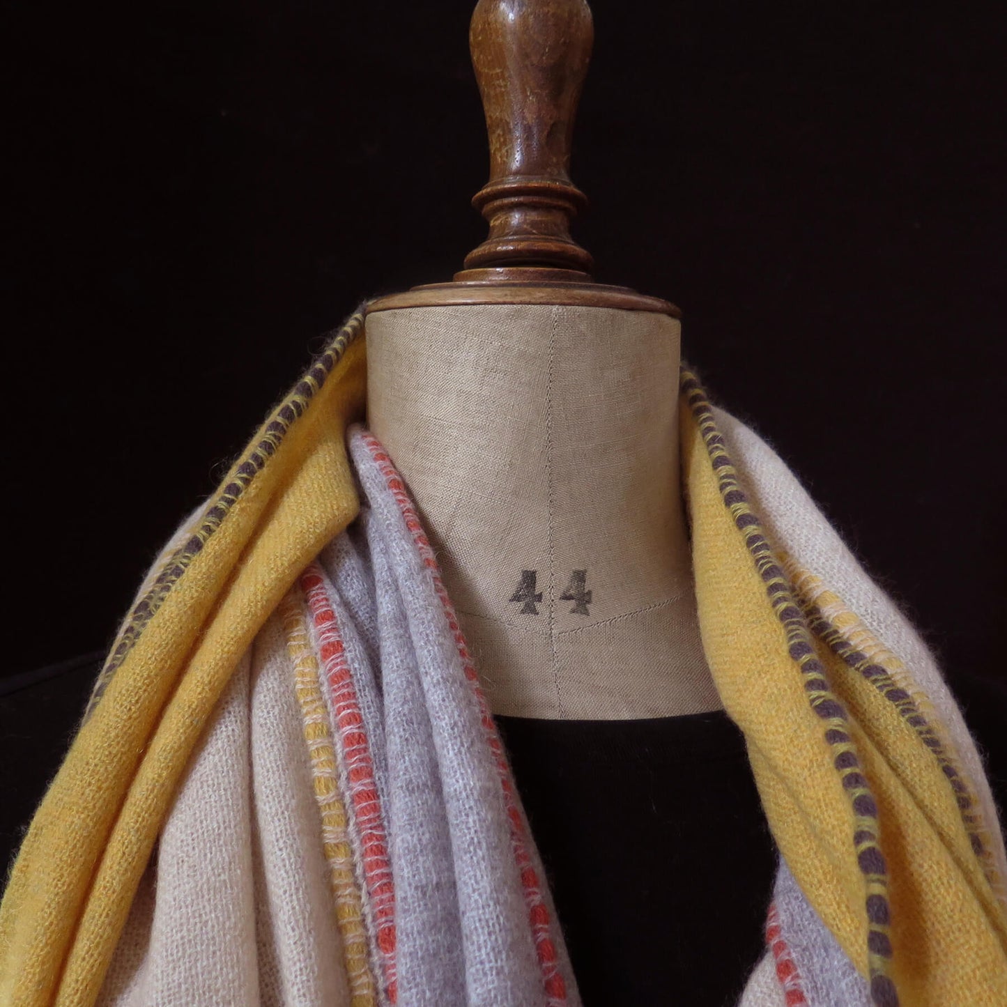 Mongolian cashmere wrap | Grey, cream and yellow stripes