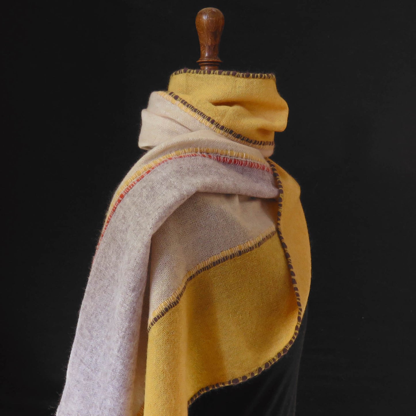 Mongolian cashmere wrap | Grey, cream and yellow stripes
