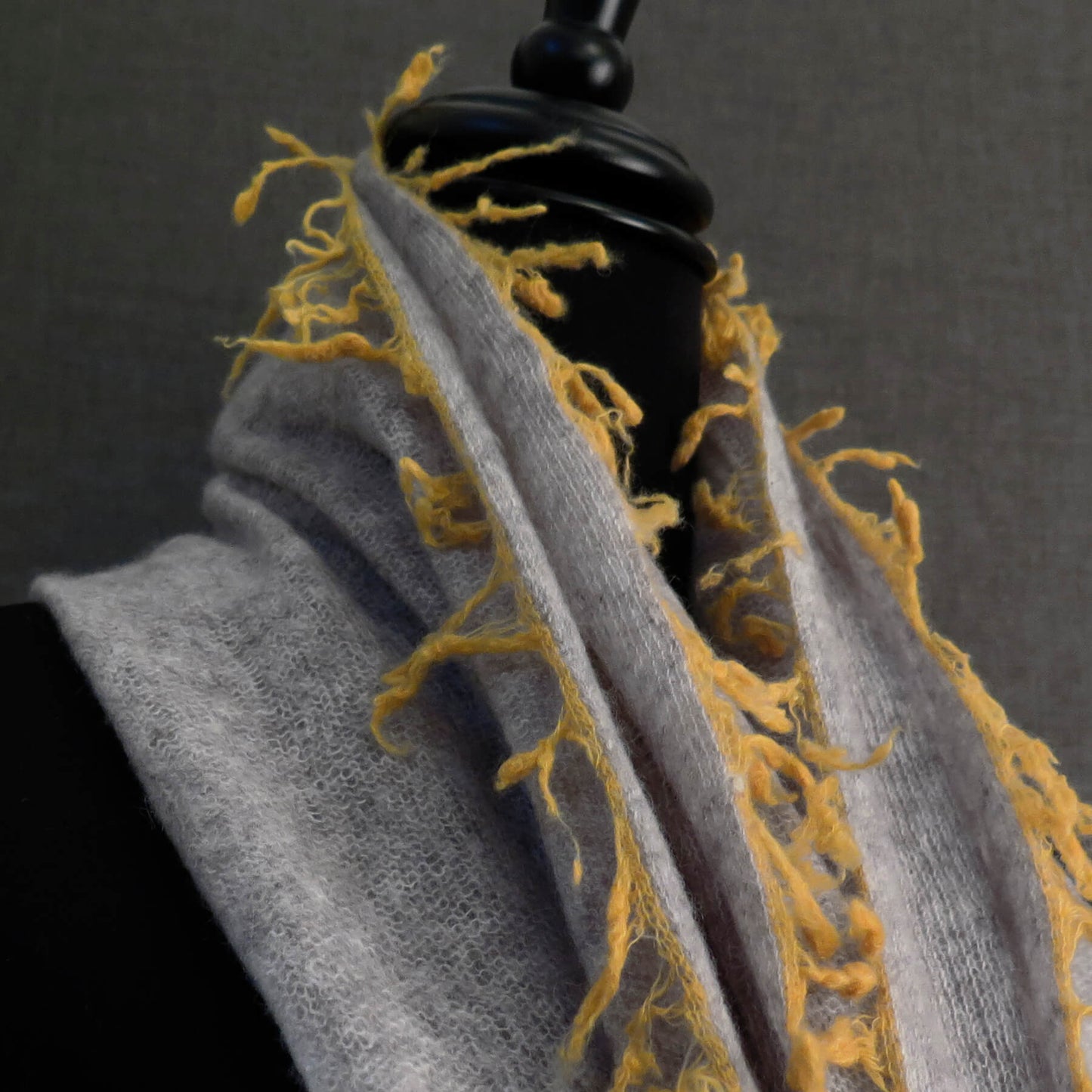 Mongolian cashmere wrap | Soft grey with ochre fringe