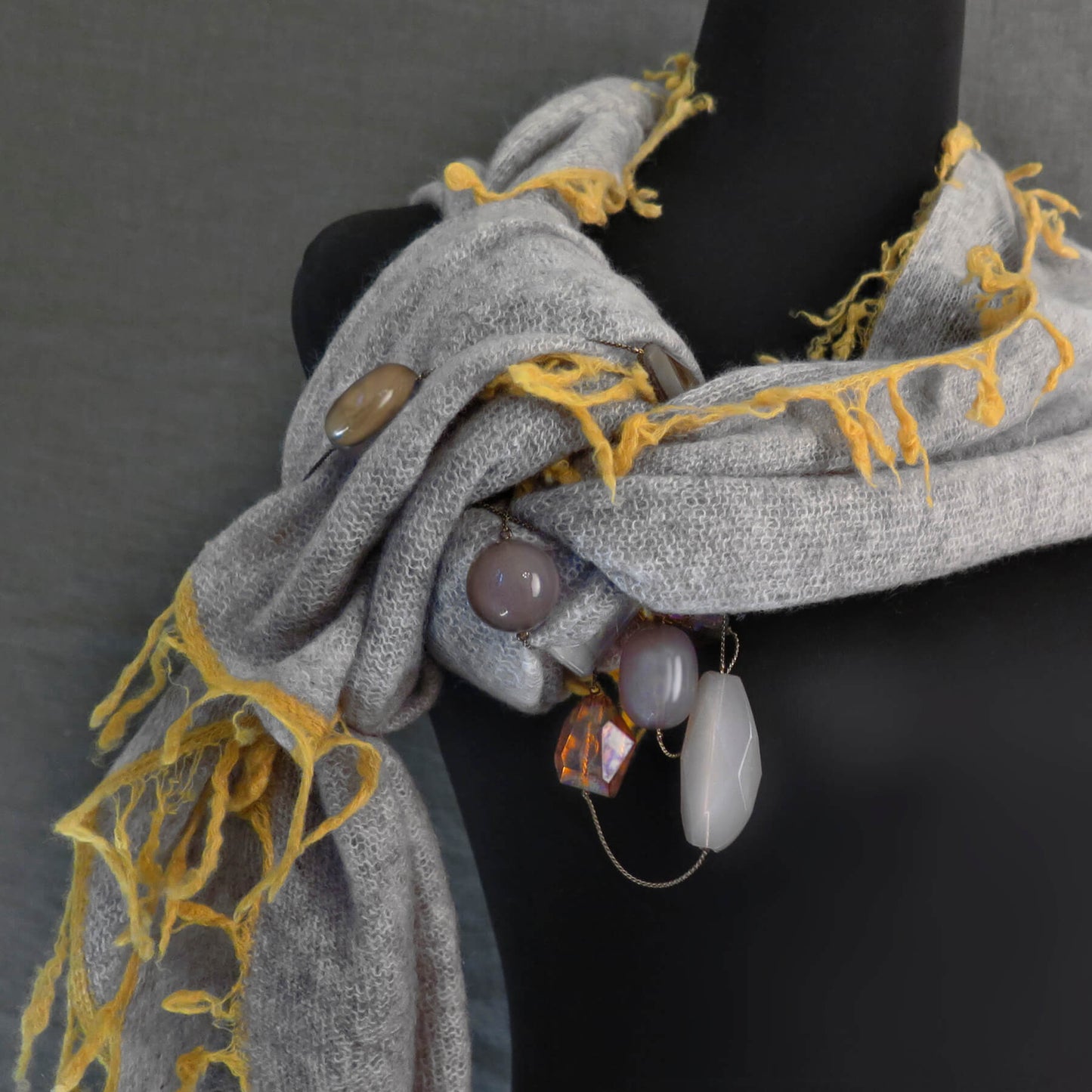 Mongolian cashmere wrap | Soft grey with ochre fringe
