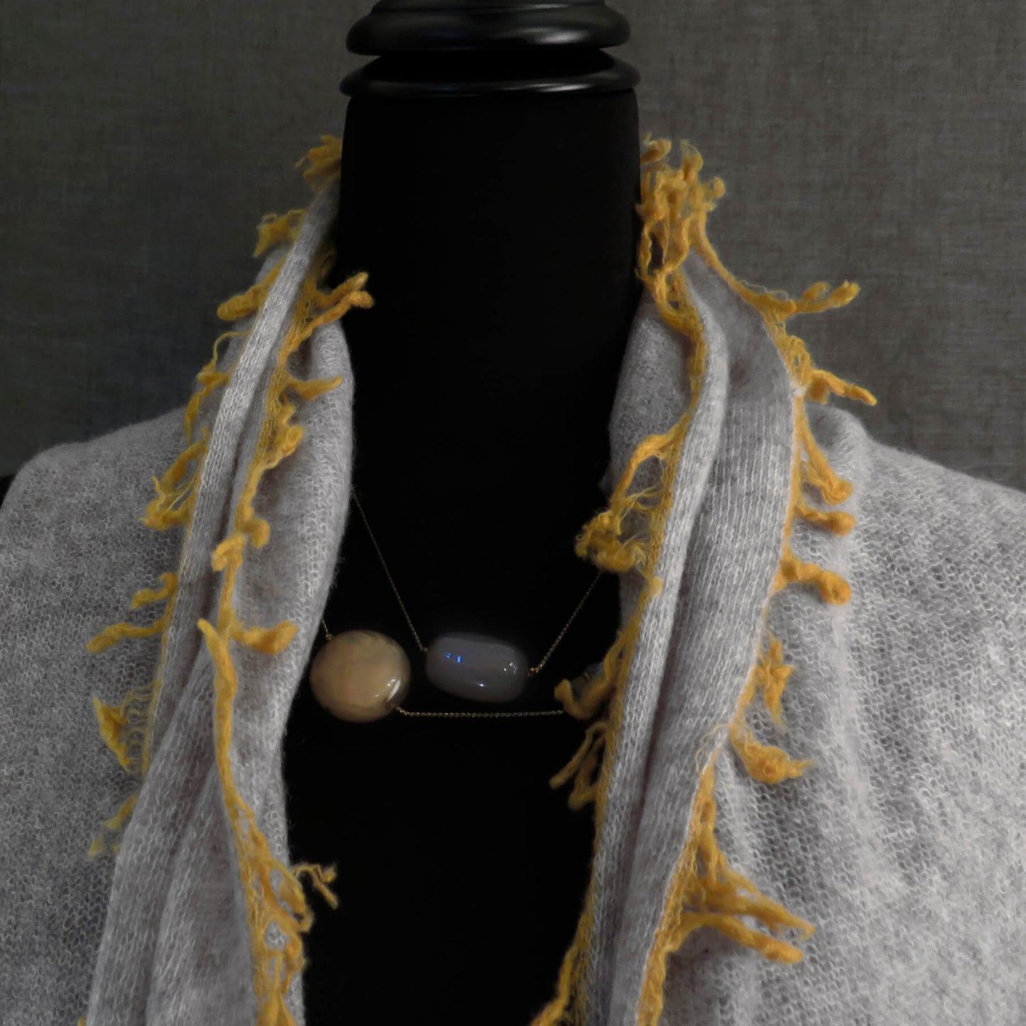 Mongolian cashmere wrap | Soft grey with ochre fringe