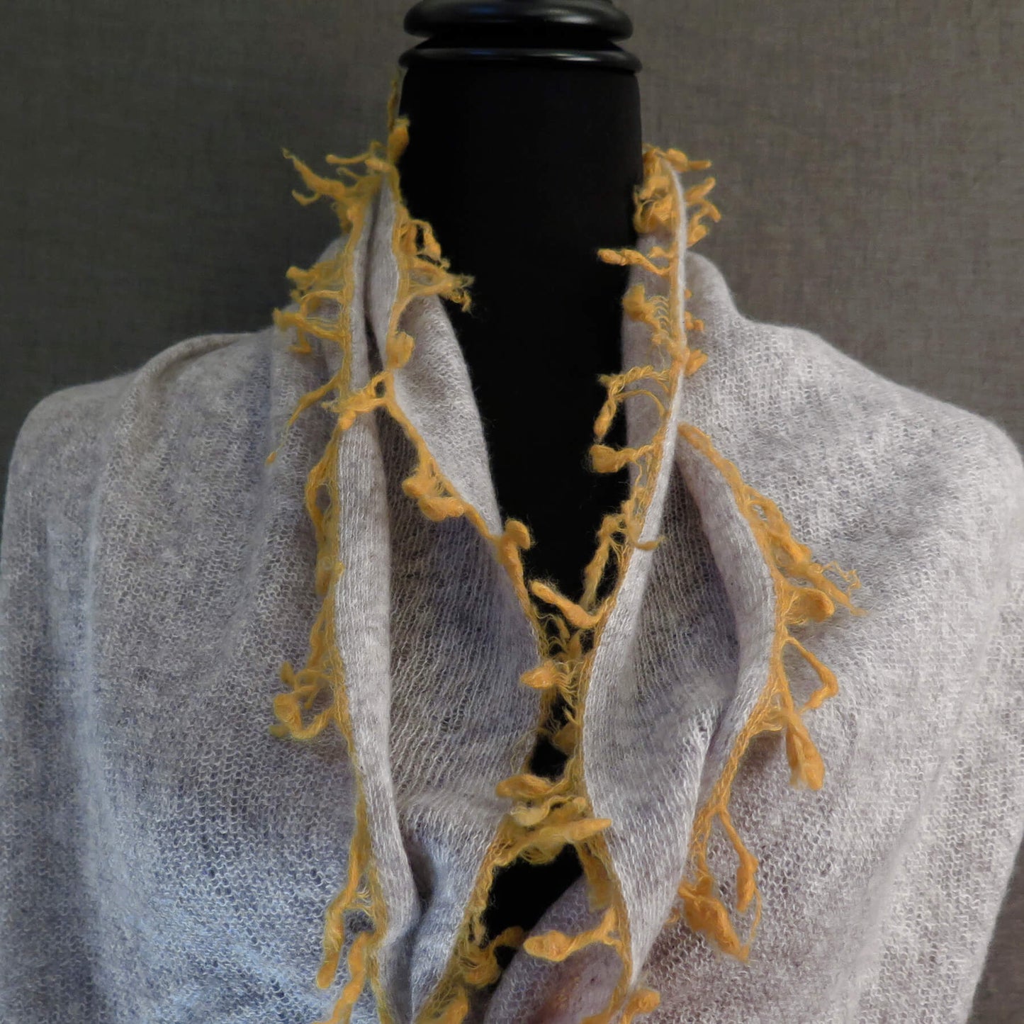 Mongolian cashmere wrap | Soft grey with ochre fringe