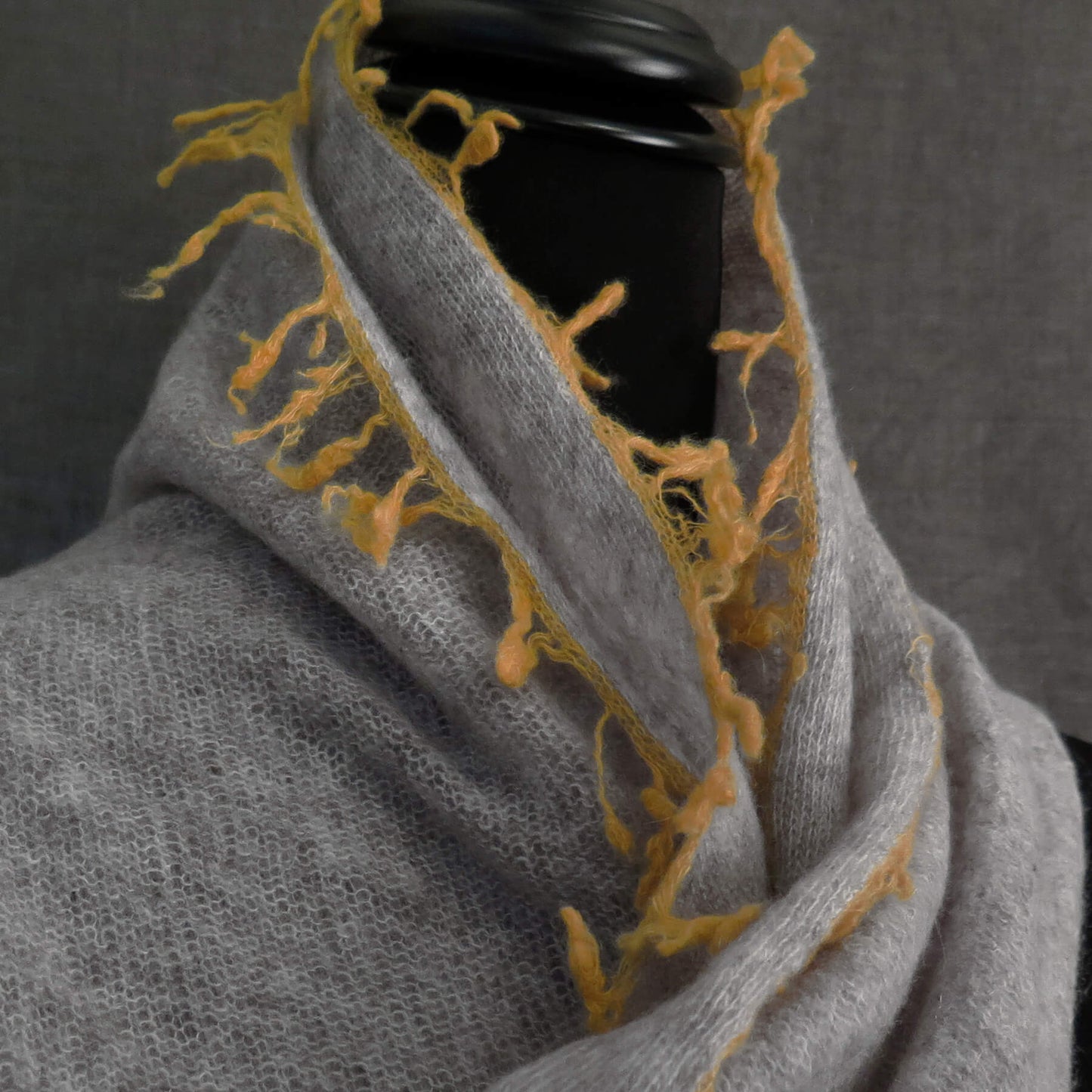 Mongolian cashmere wrap | Soft grey with ochre fringe