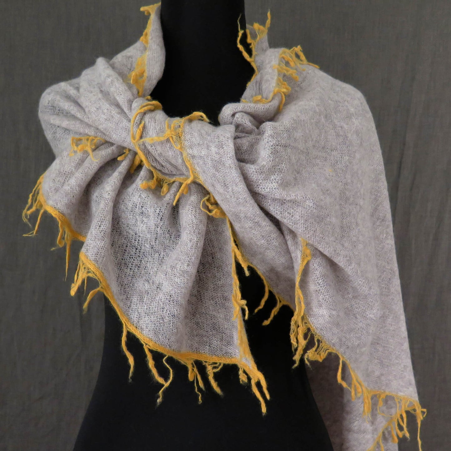 Mongolian cashmere wrap | Soft grey with ochre fringe