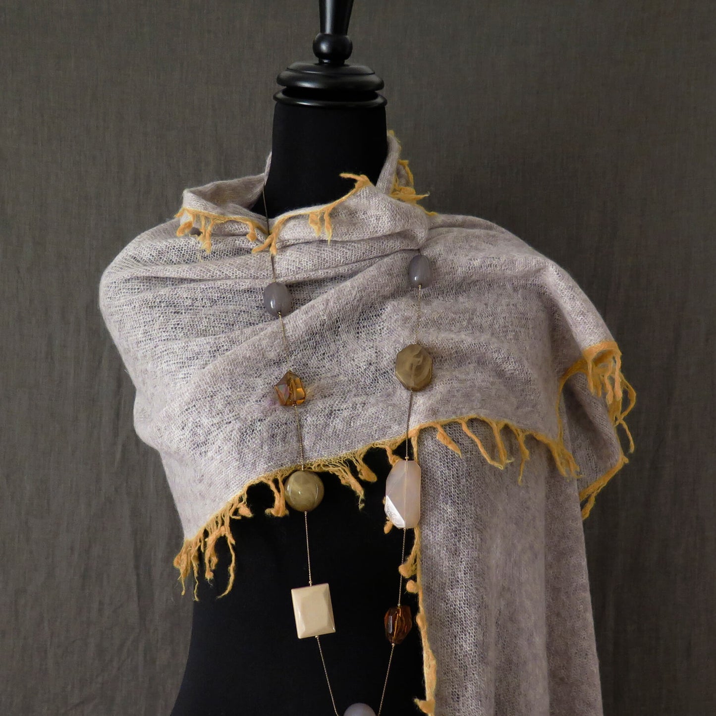 Mongolian cashmere wrap | Soft grey with ochre fringe