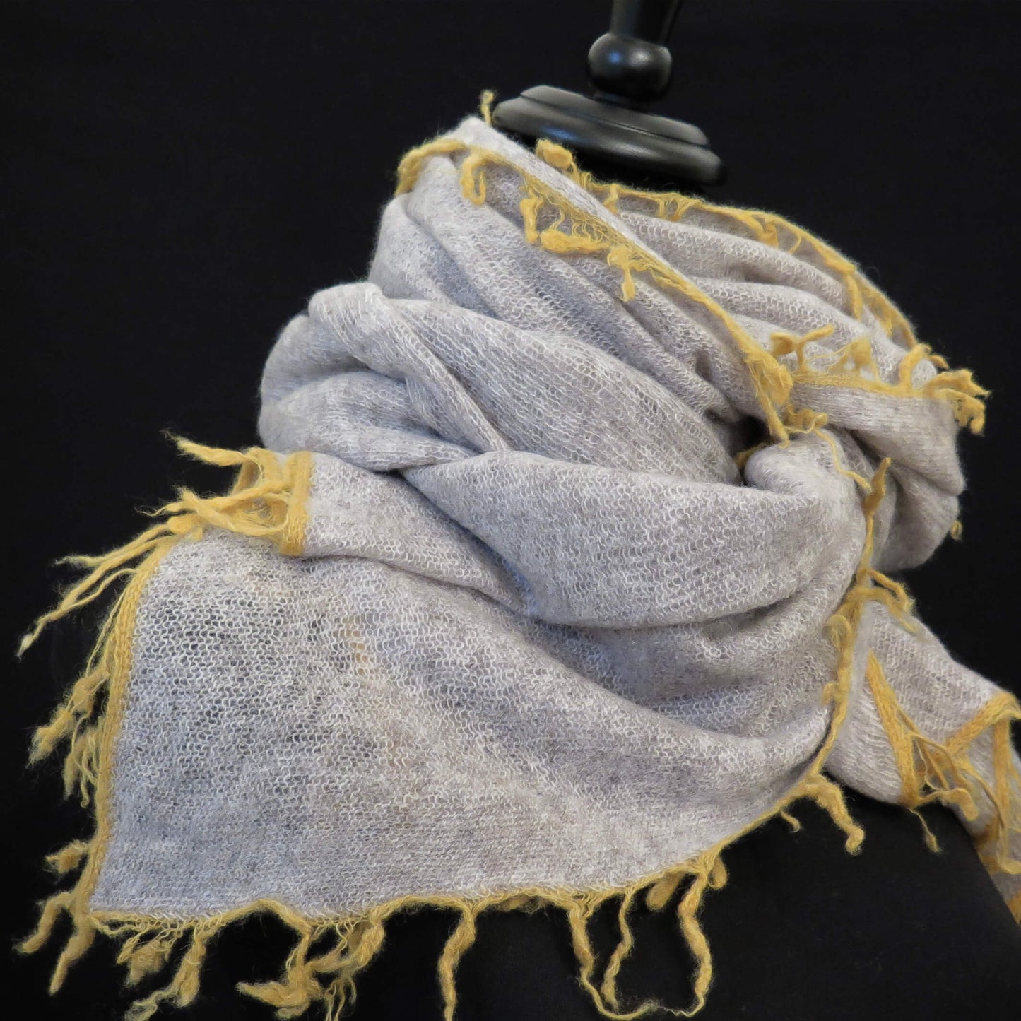 Mongolian cashmere wrap | Soft grey with ochre fringe