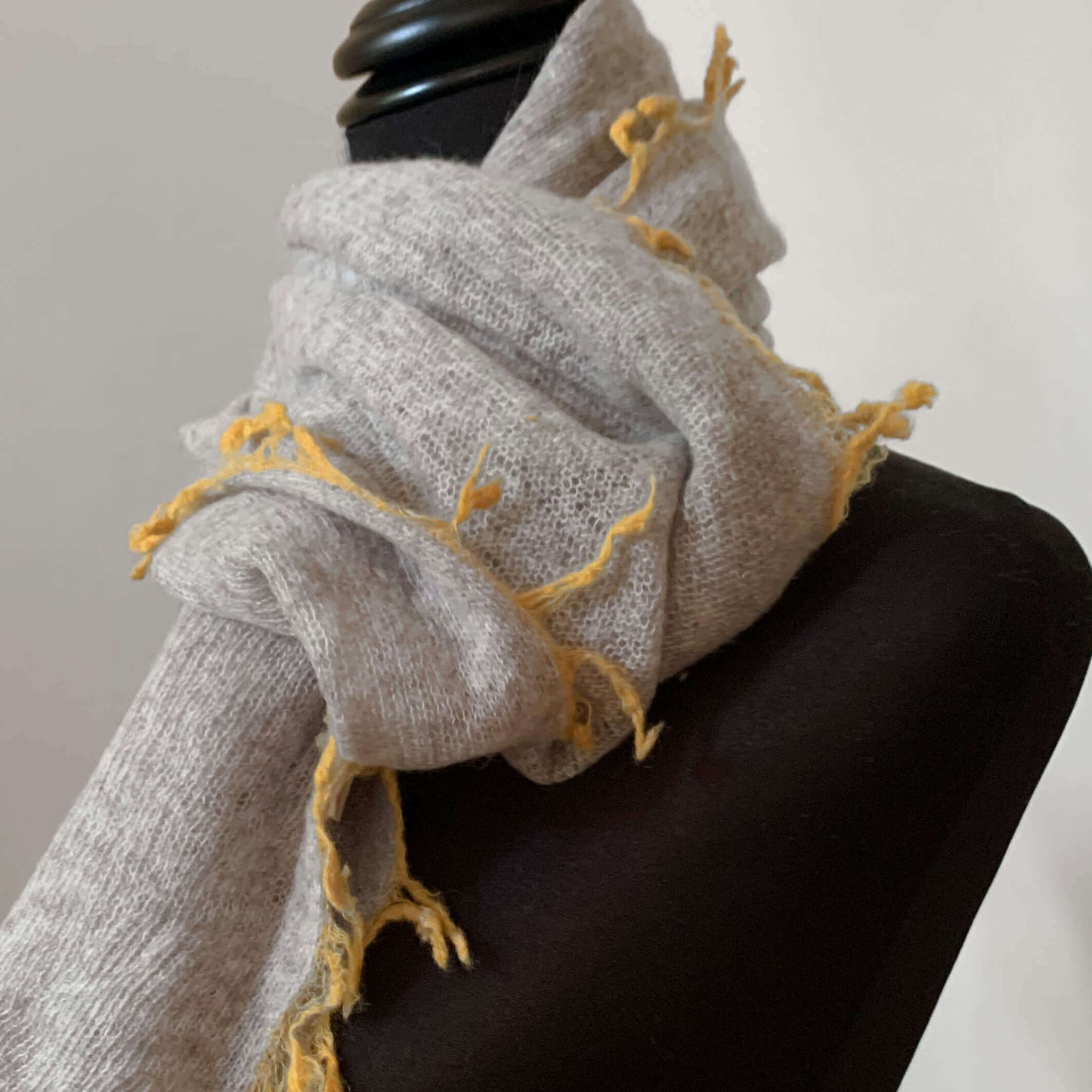 Mongolian cashmere wrap | Soft grey with ochre fringe