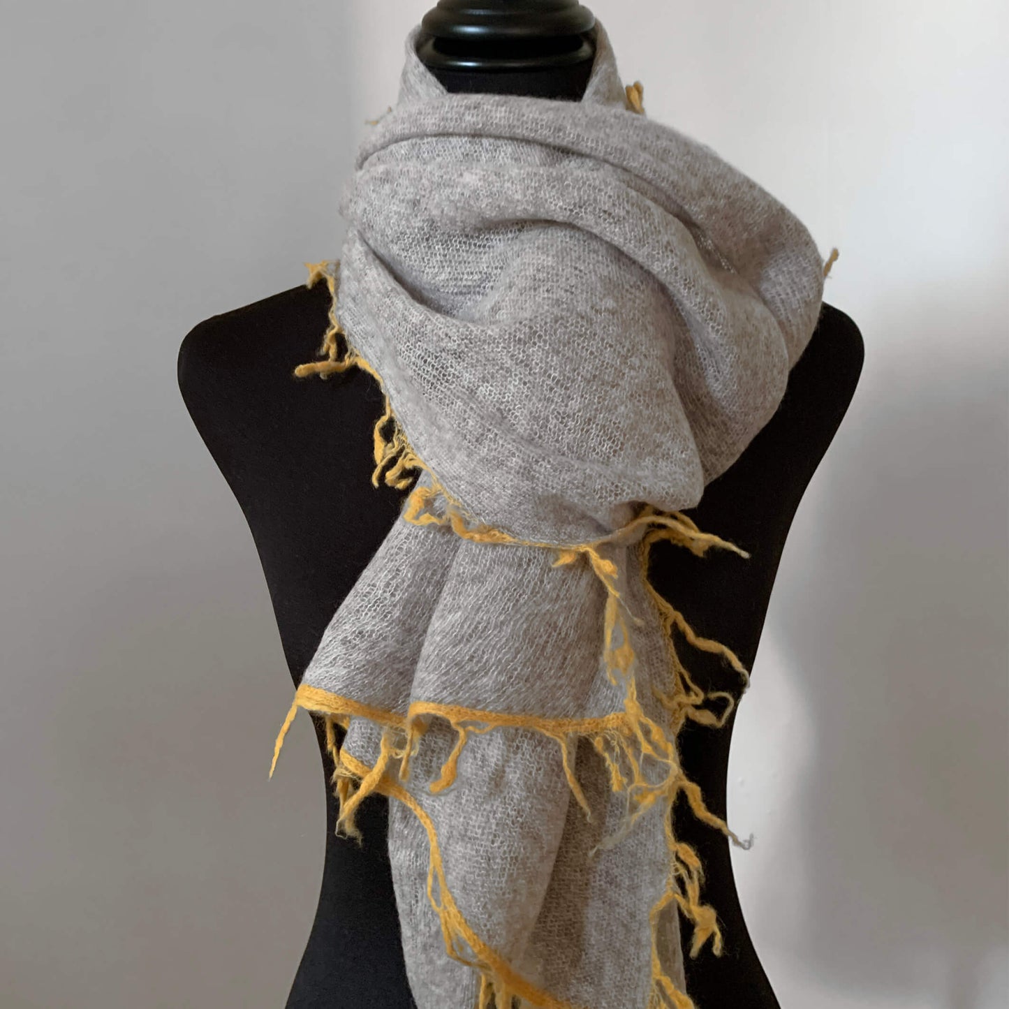 Mongolian cashmere wrap | Soft grey with ochre fringe