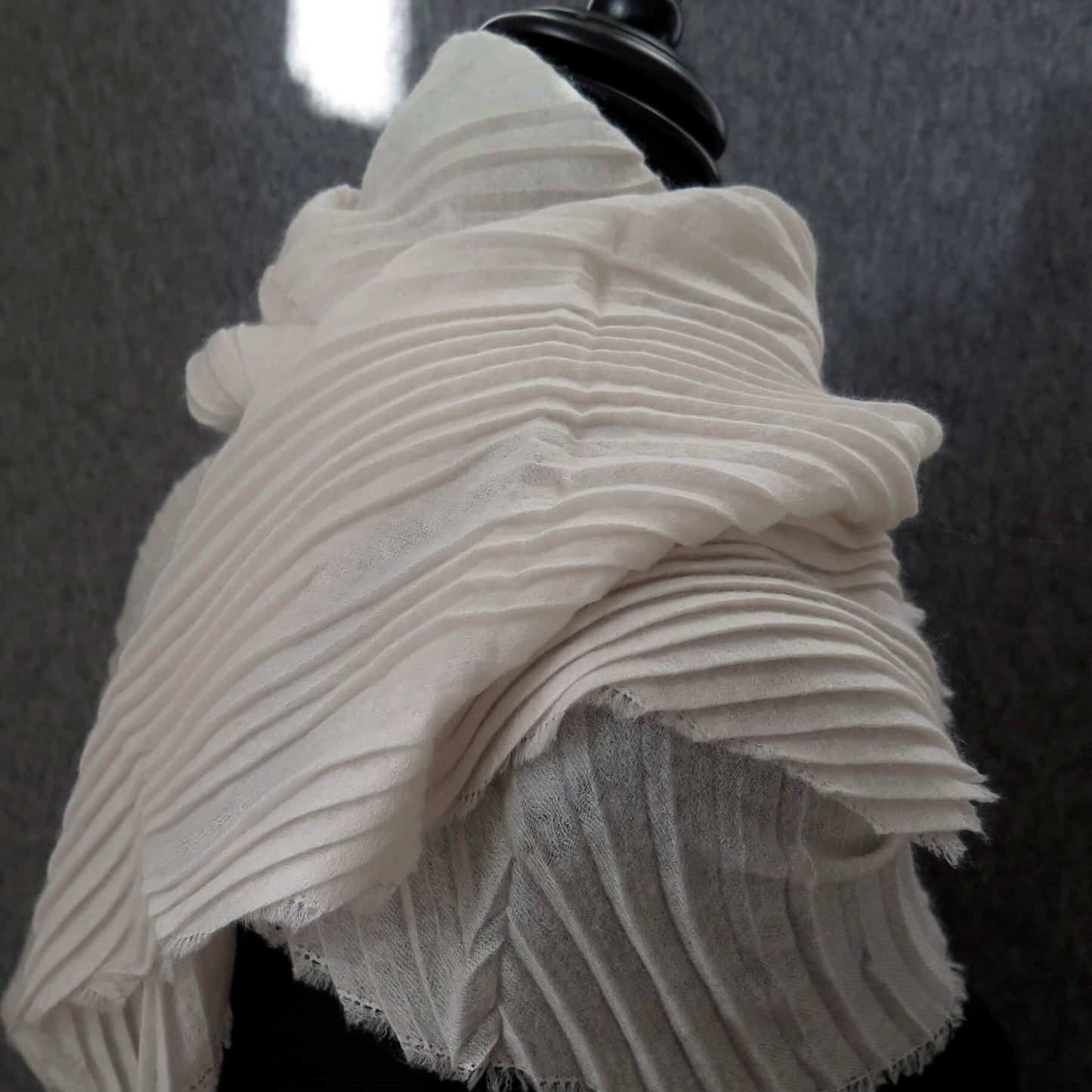 Ultra light Mongolian cashmere wrap | Pleated with fringed edge | Warm white