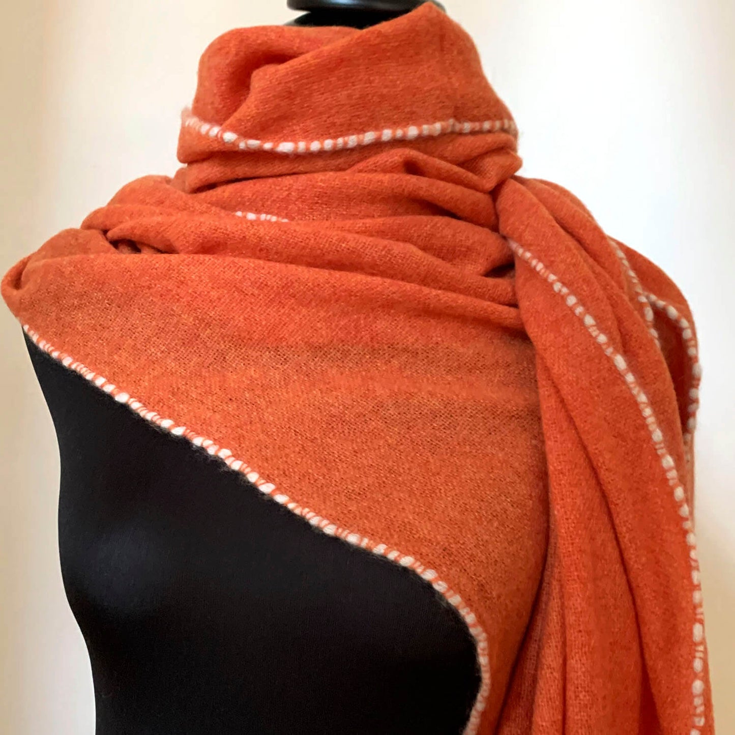 Mongolian cashmere wrap | Orange with white hand-rolled edge