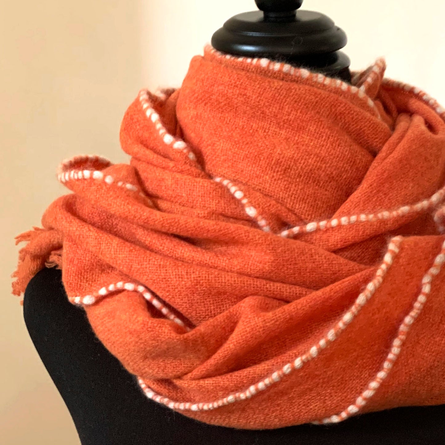 Mongolian cashmere wrap | Orange with white hand-rolled edge