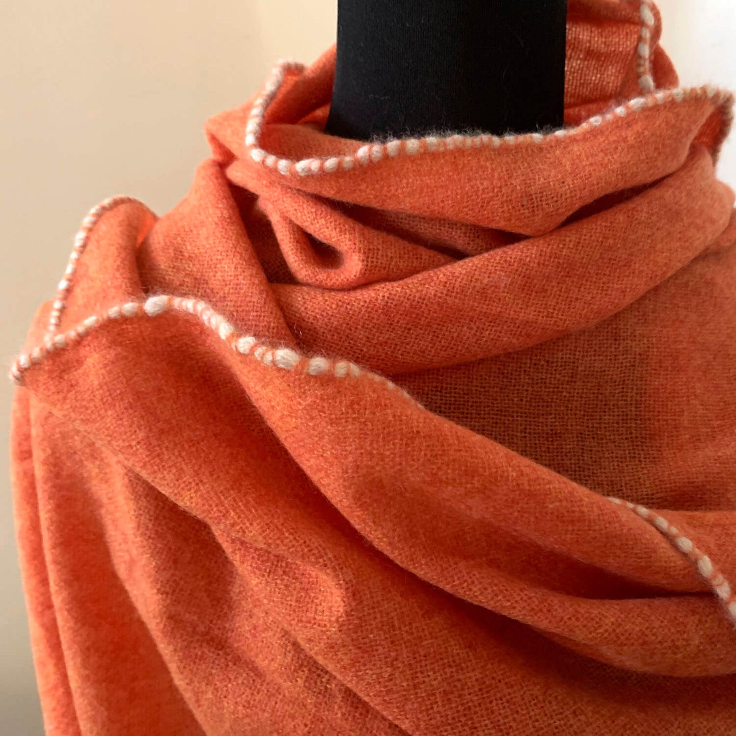 Mongolian cashmere wrap | Orange with white hand-rolled edge