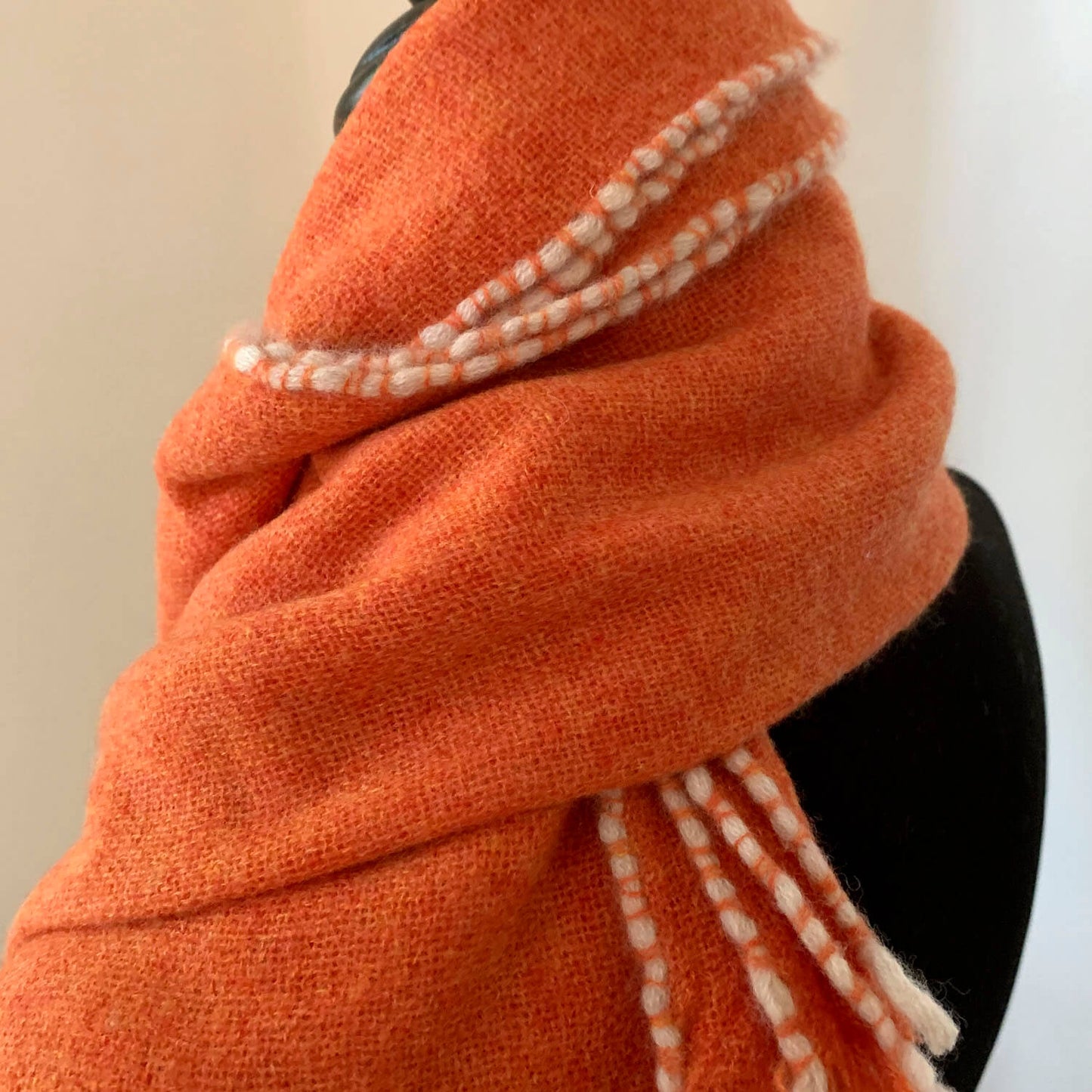 Mongolian cashmere wrap | Orange with white hand-rolled edge