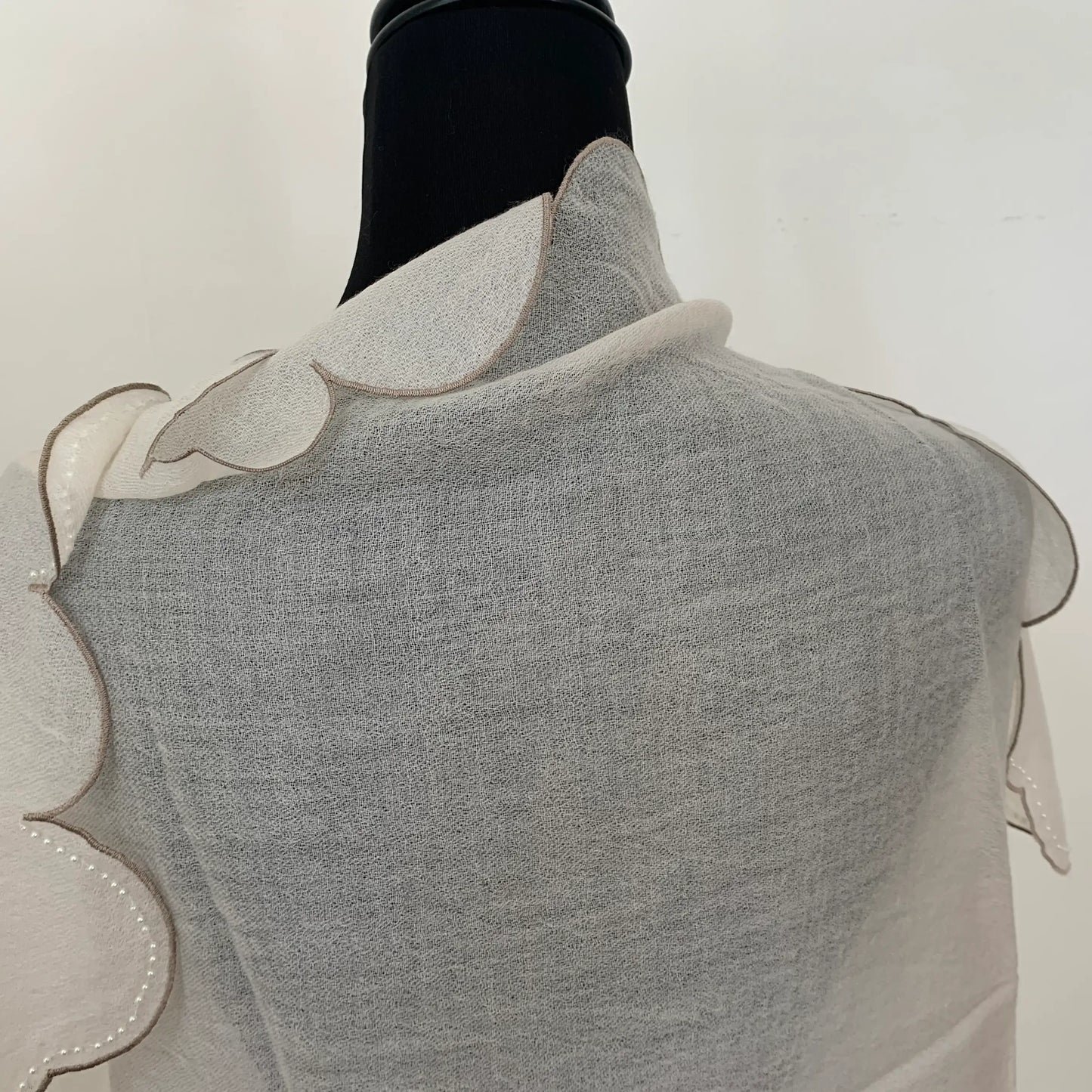 Ultra light Mongolian cashmere wrap | Scalloped taupe edge with tiny beads | Warm white