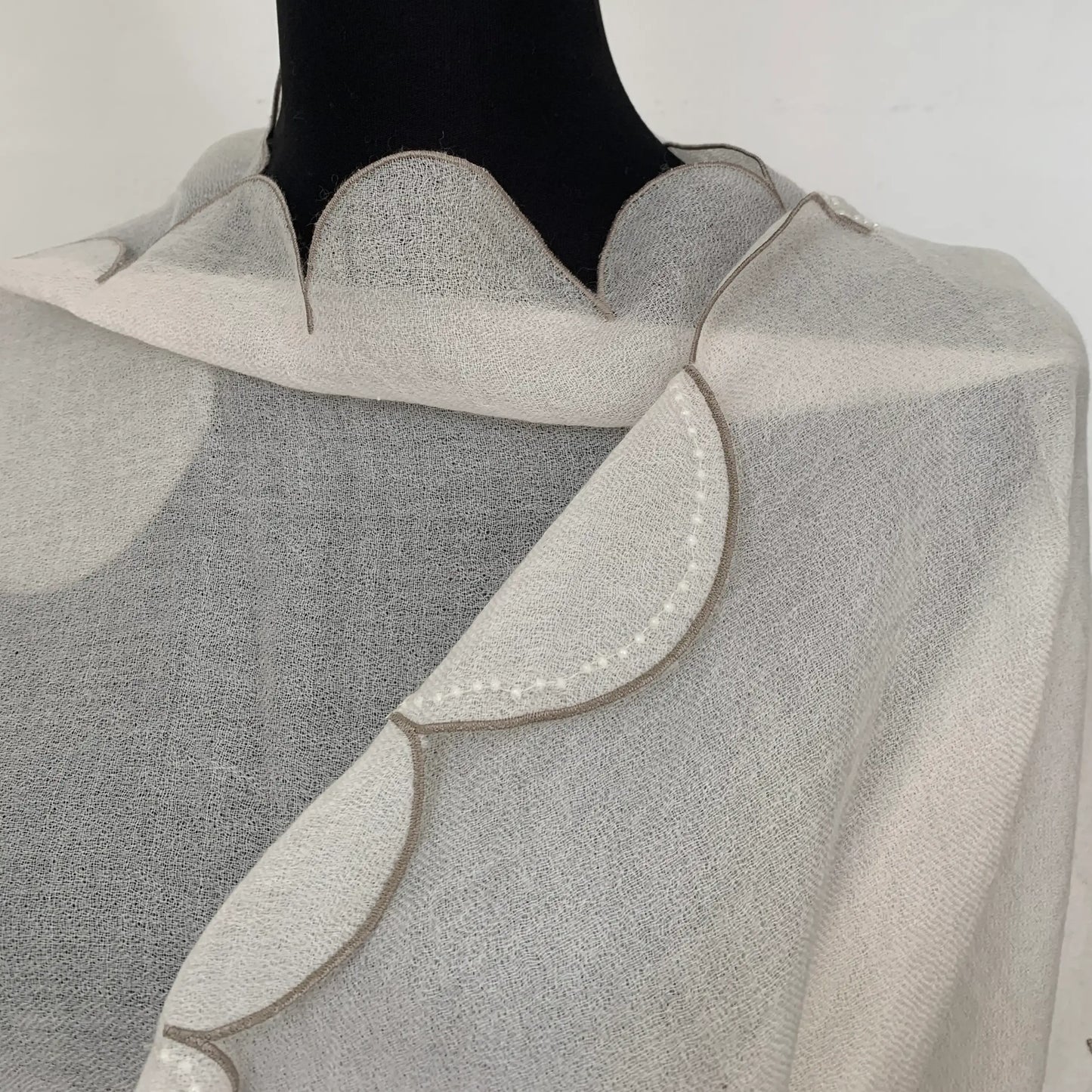 Ultra light Mongolian cashmere wrap | Scalloped taupe edge with tiny beads | Warm white