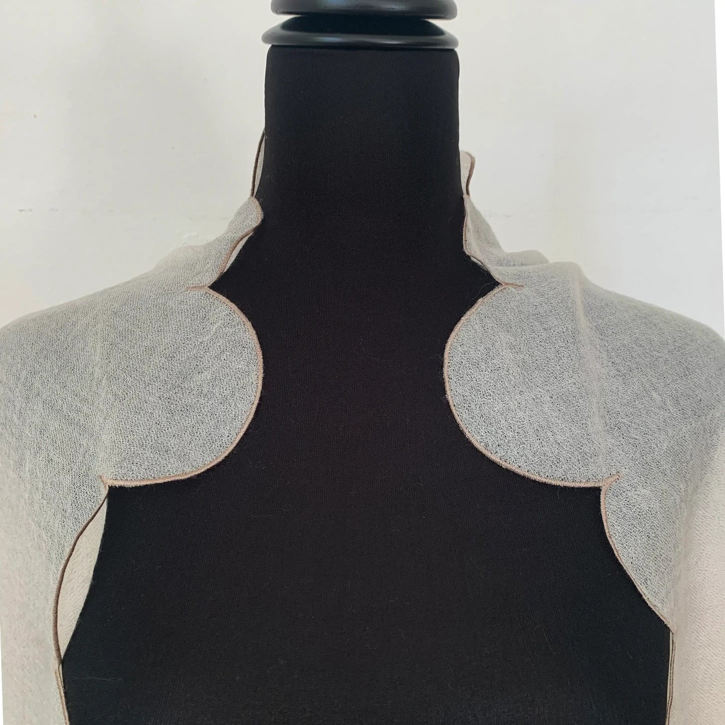 Ultra light Mongolian cashmere wrap | Scalloped taupe edge with tiny beads | Warm white