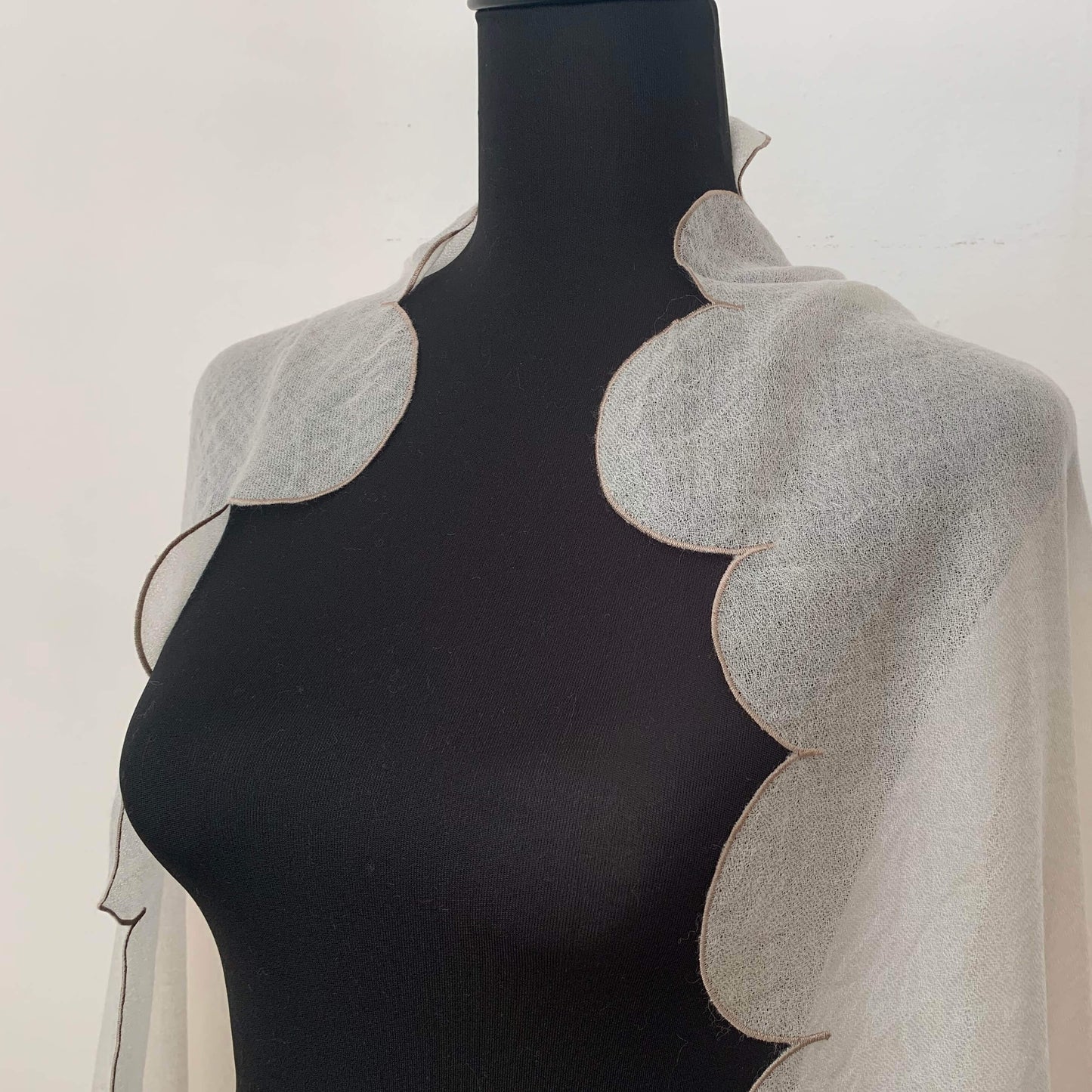 Ultra light Mongolian cashmere wrap | Scalloped taupe edge with tiny beads | Warm white