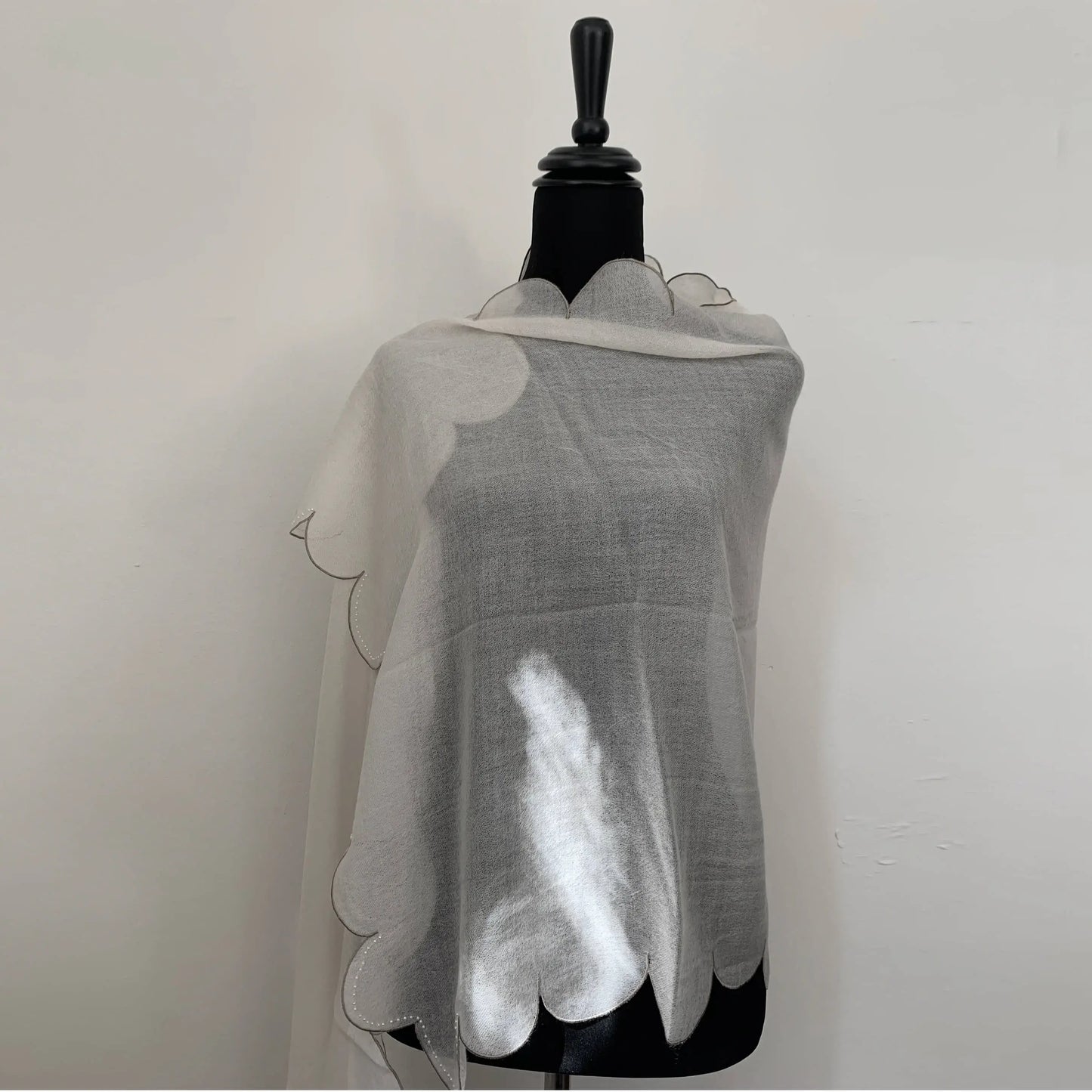 Ultra light Mongolian cashmere wrap | Scalloped taupe edge with tiny beads | Warm white