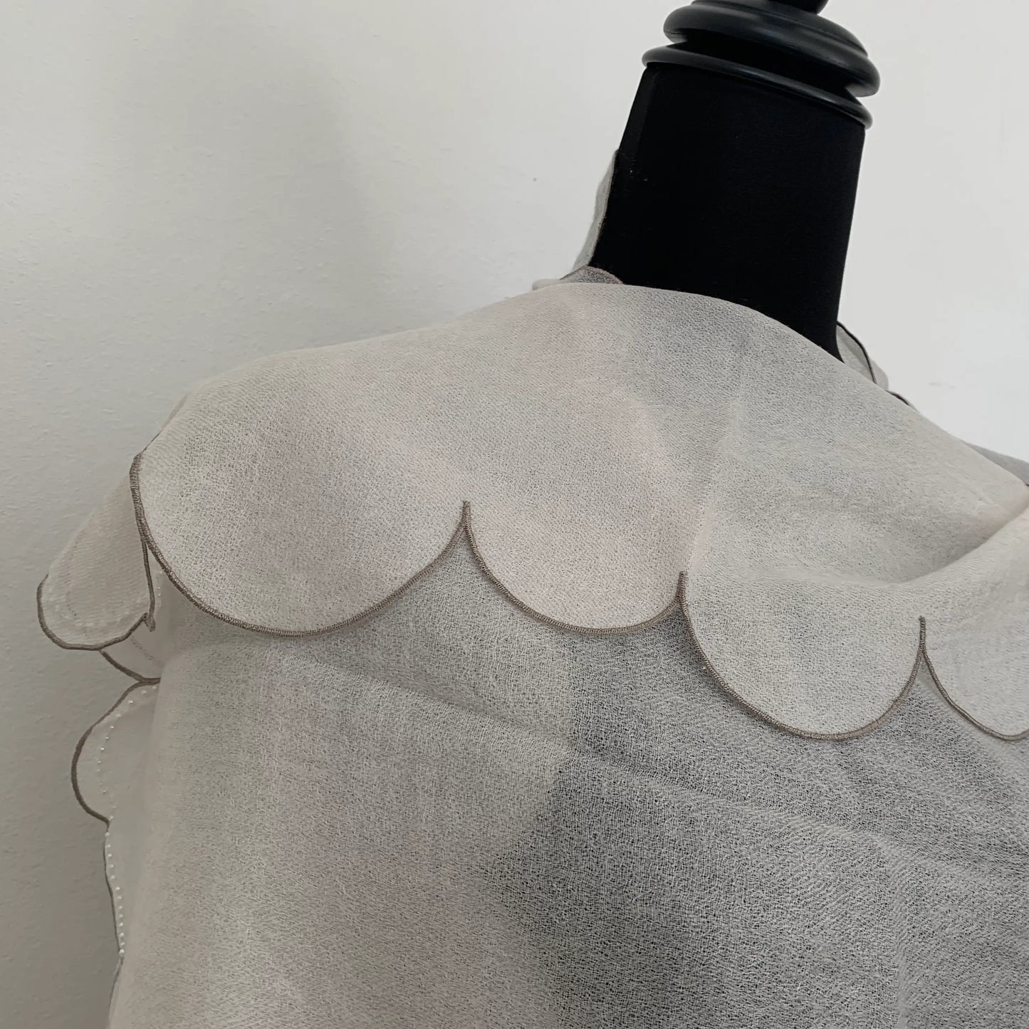 Ultra light Mongolian cashmere wrap | Scalloped taupe edge with tiny beads | Warm white