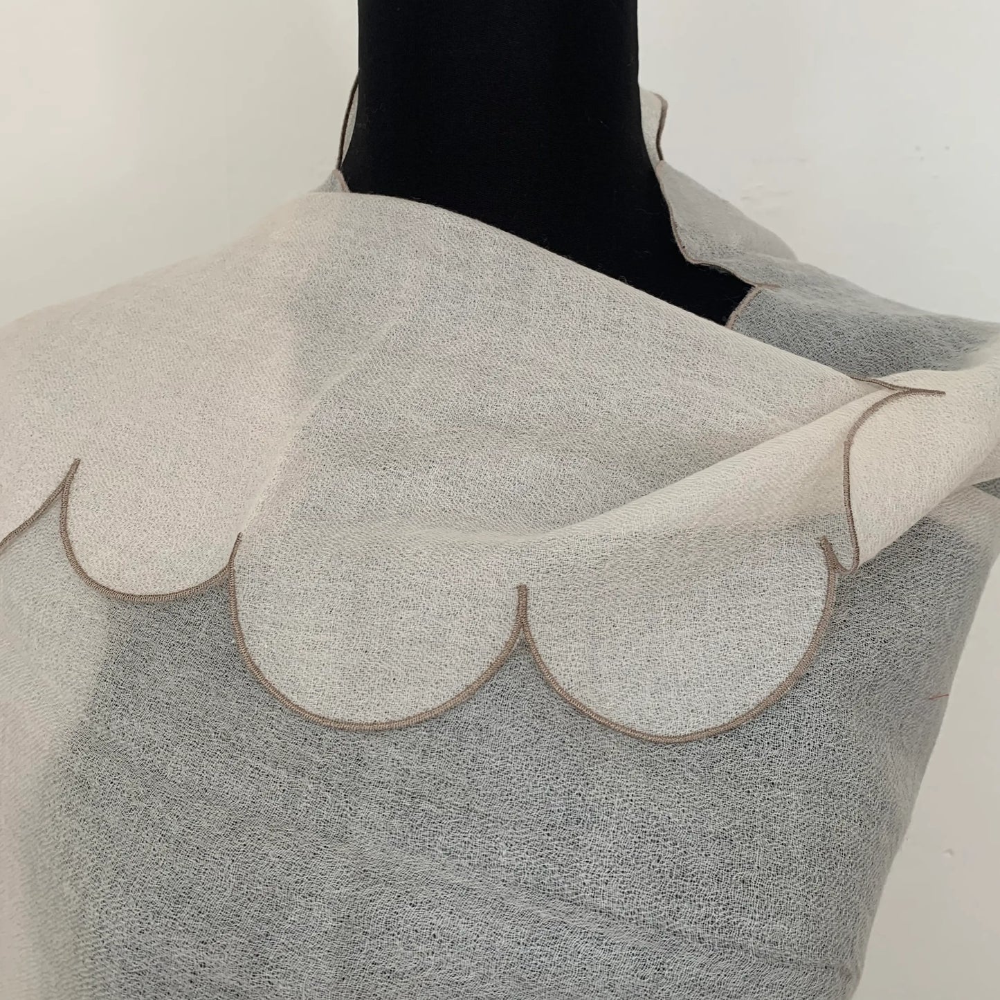 Ultra light Mongolian cashmere wrap | Scalloped taupe edge with tiny beads | Warm white