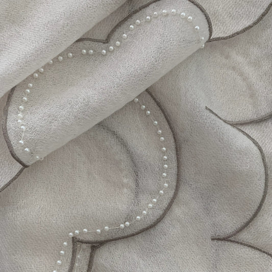 Ultra light Mongolian cashmere wrap | Scalloped taupe edge with tiny beads | Warm white