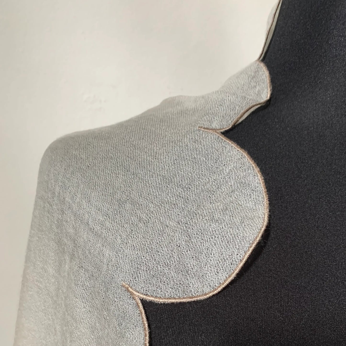 Ultra light Mongolian cashmere wrap | Scalloped taupe edge with tiny beads | Warm white
