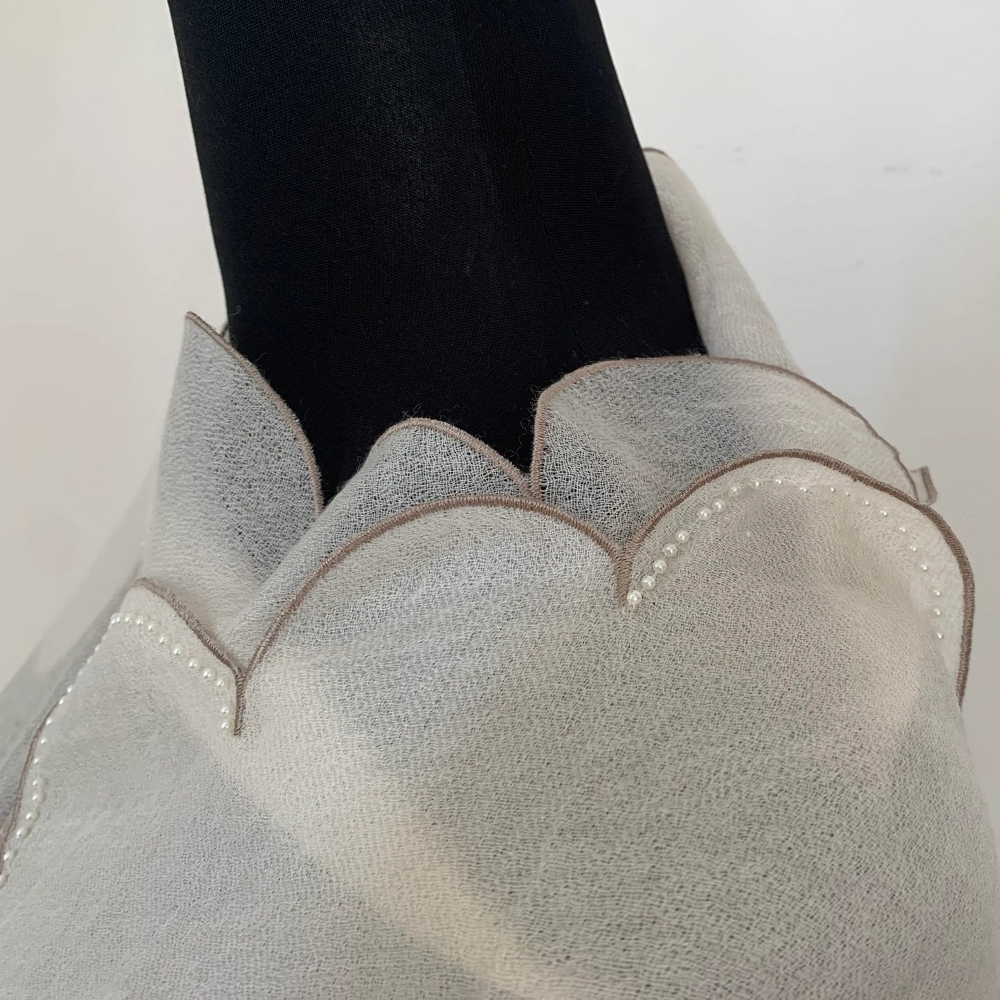 Ultra light Mongolian cashmere wrap | Scalloped taupe edge with tiny beads | Warm white