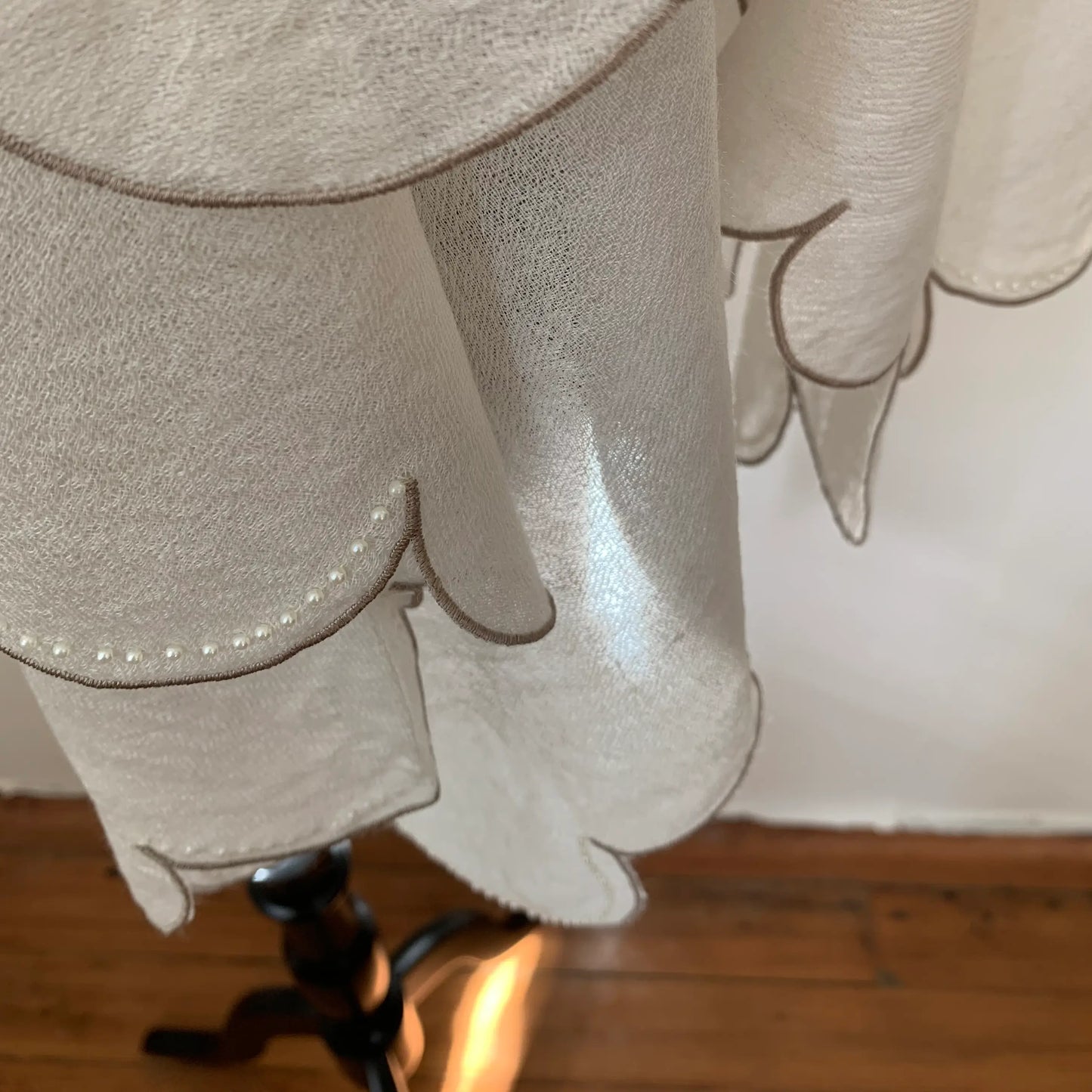 Ultra light Mongolian cashmere wrap | Scalloped taupe edge with tiny beads | Warm white