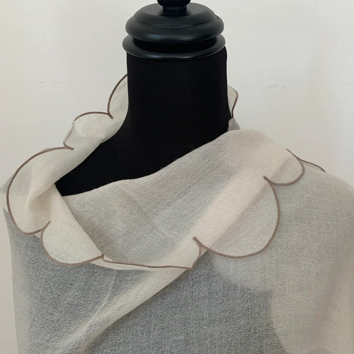 Ultra light Mongolian cashmere wrap | Scalloped taupe edge with tiny beads | Warm white