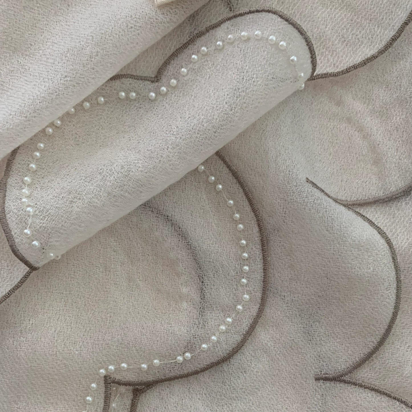Ultra light Mongolian cashmere wrap | Scalloped taupe edge with tiny beads | Warm white