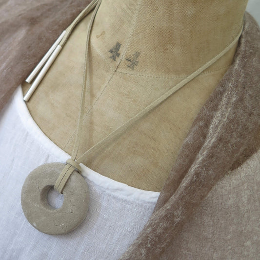 Sandstone pendant on vegan suede with antique silver plated cord ends