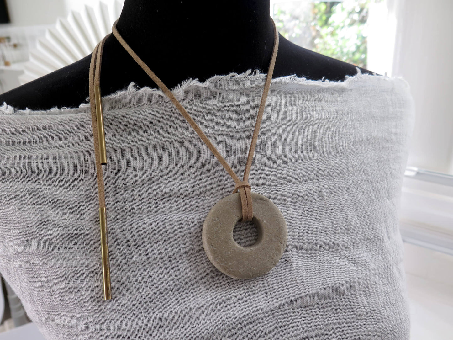 Concrete ring pendant | Adjustable length necklace | Vegan suede | Antique bronze | #1