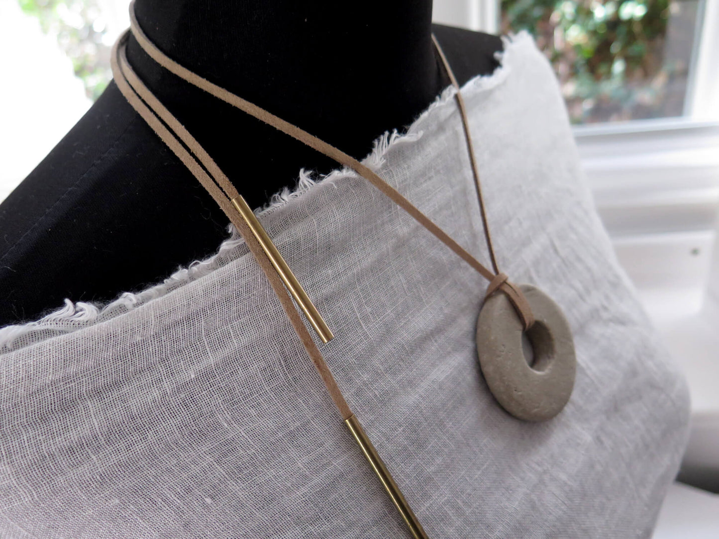 Concrete ring pendant | Adjustable length necklace | Vegan suede | Antique bronze | #1