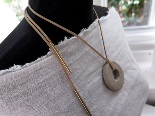 Concrete ring pendant | Adjustable length necklace | Vegan suede | Antique bronze | #1